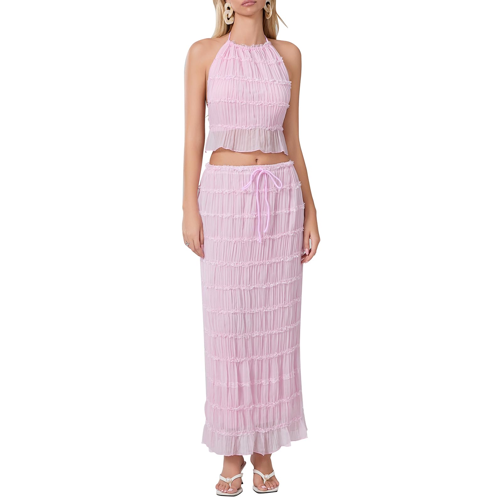 Women Y2K Skirt Set Outfits Strapless Crop Top Bodycon Midi Skirt Dress Sexy 2 Piece Knit Outfits Skirt Summer