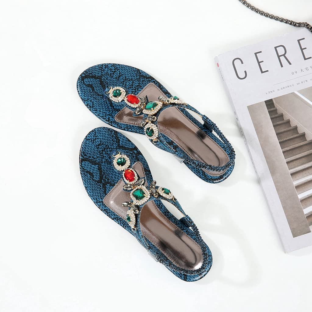 MIOKE Women's Bohemia Bling Jeweled Flat Sandals T-strap Clip Toe Cutout Slingback Summer Beach Flipflops