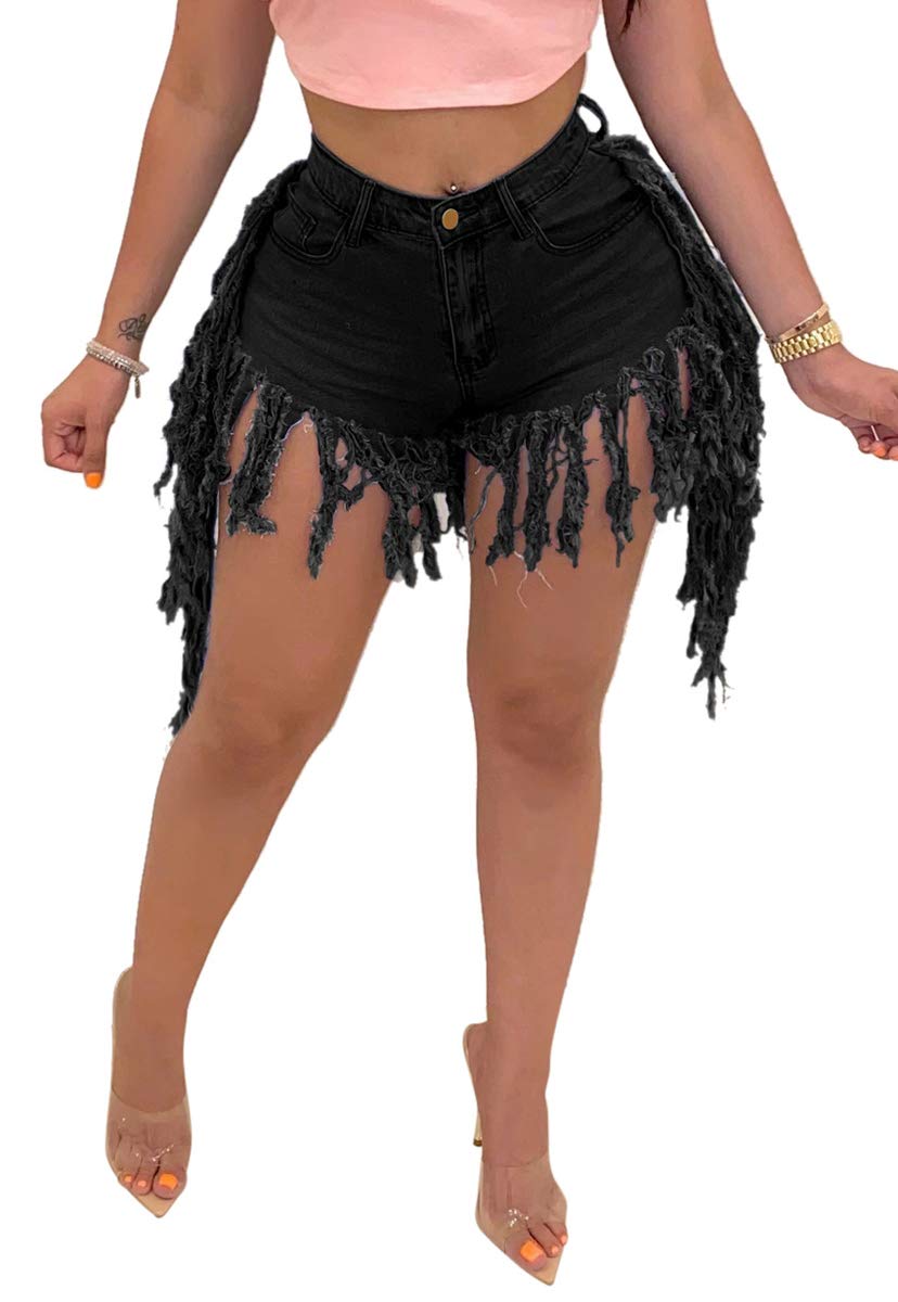 Women's Denim Shorts High Waisted Frayed Raw Hem Ripped Short Jeans | Fringe,Summer,Stretchy,with Pockets