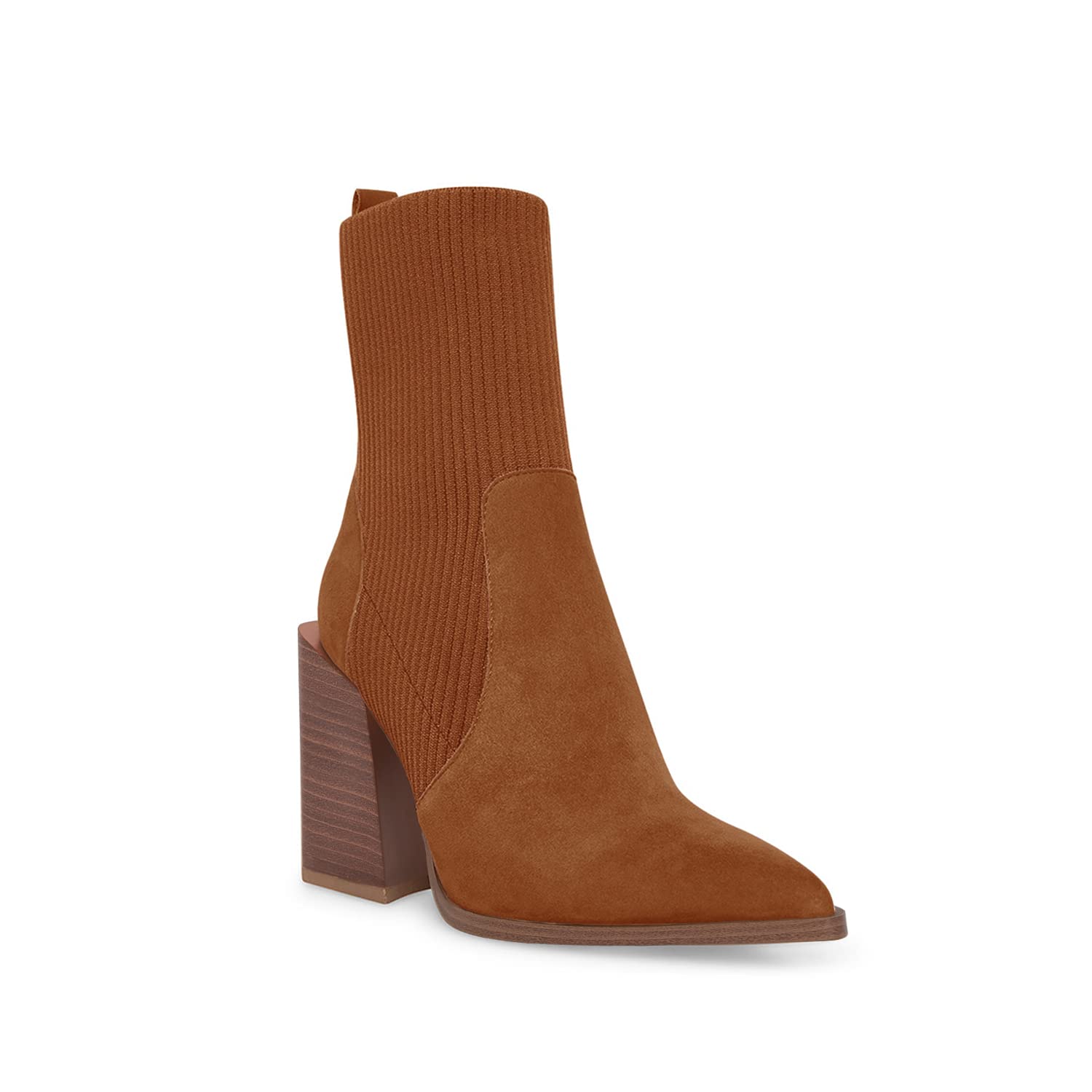 Womens Chunky Stacked Heel Ankle Boots Pointed Toe Booties Slip On Ribbed Knit Sock Boot