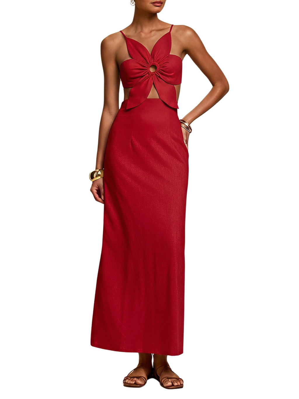 SHENHE Women's Petal Backless Linen Maxi Dress Cut Out Vacation Dresses | Keyhole, Spaghetti Strap, Open Back, Long Dress, Zipper, Summer, Date Night, Cami Dresses