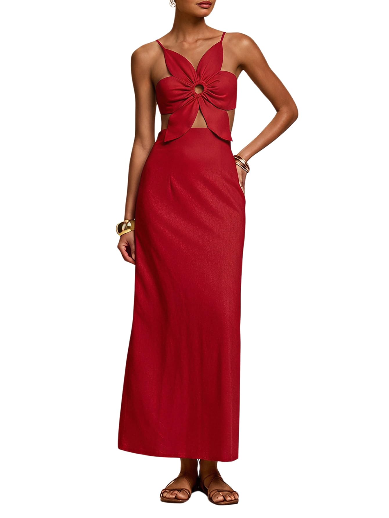 SHENHE Women's Petal Backless Linen Maxi Dress Cut Out Vacation Dresses | Keyhole, Spaghetti Strap, Open Back, Long Dress, Zipper, Summer, Date Night, Cami Dresses