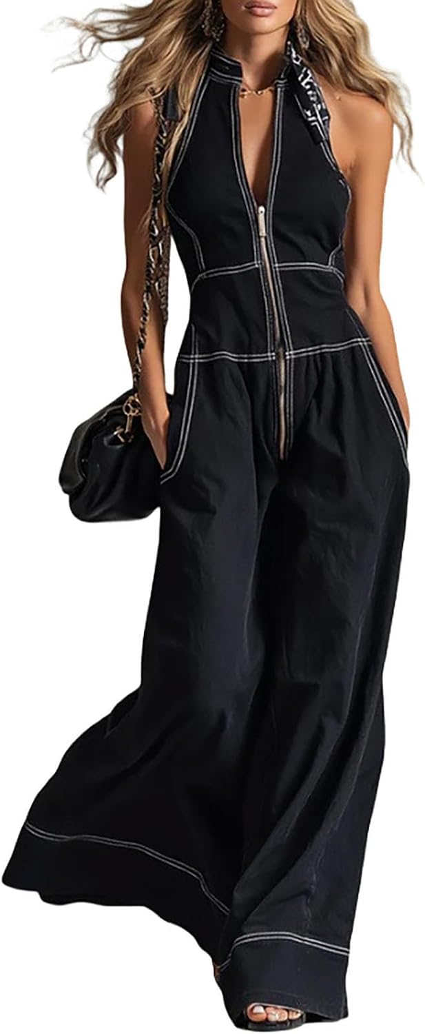 Womens Jumpsuit Zipper Front Halter Wide Leg Contrast Stitching Casual Elegant Romper