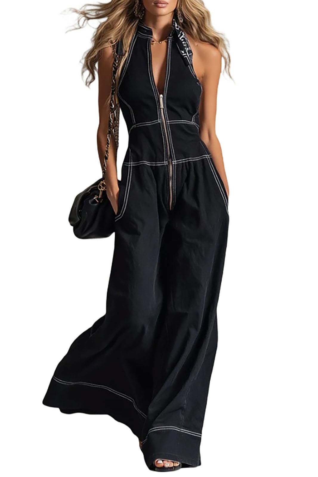 Womens Jumpsuit Zipper Front Halter Wide Leg Contrast Stitching Casual Elegant Romper