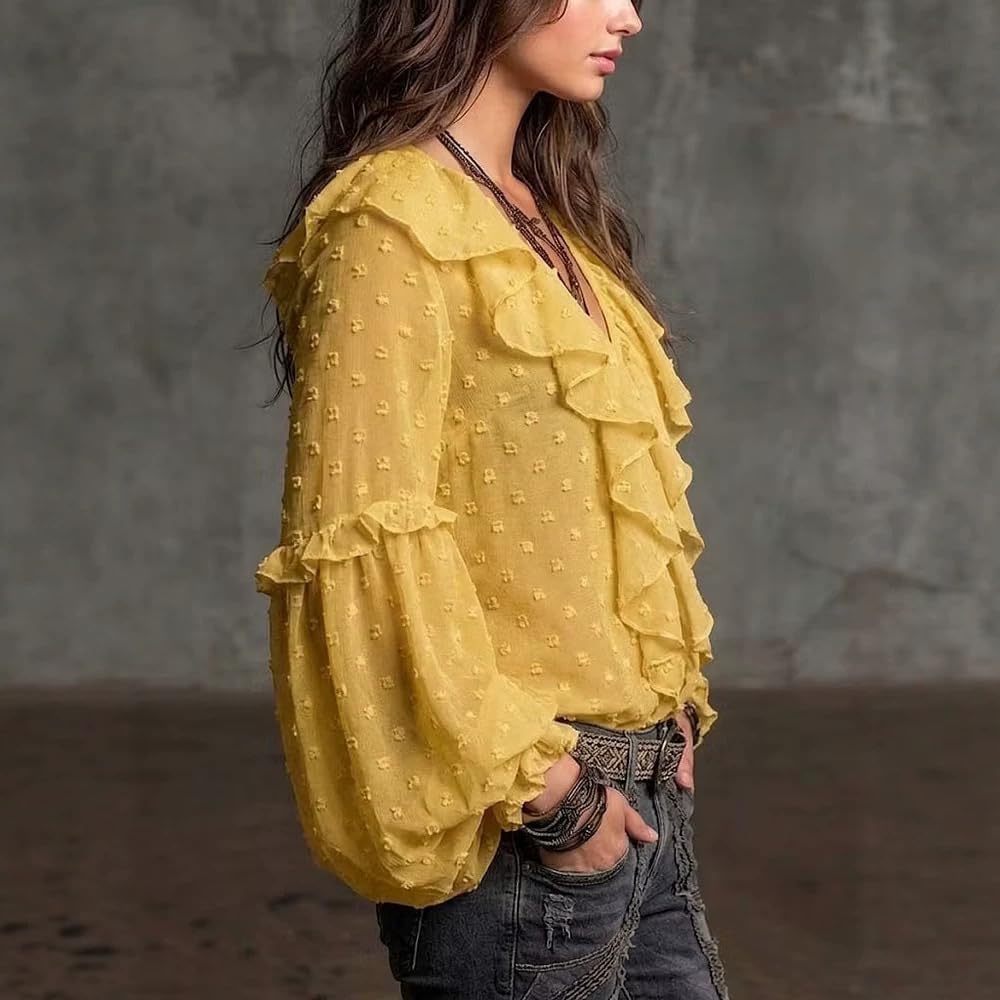 Long Sleeve Blouse for Women Sexy V Neck Polka Dot Ruffles Shirt Trendy Top Fall Elegant Going Out Tops
