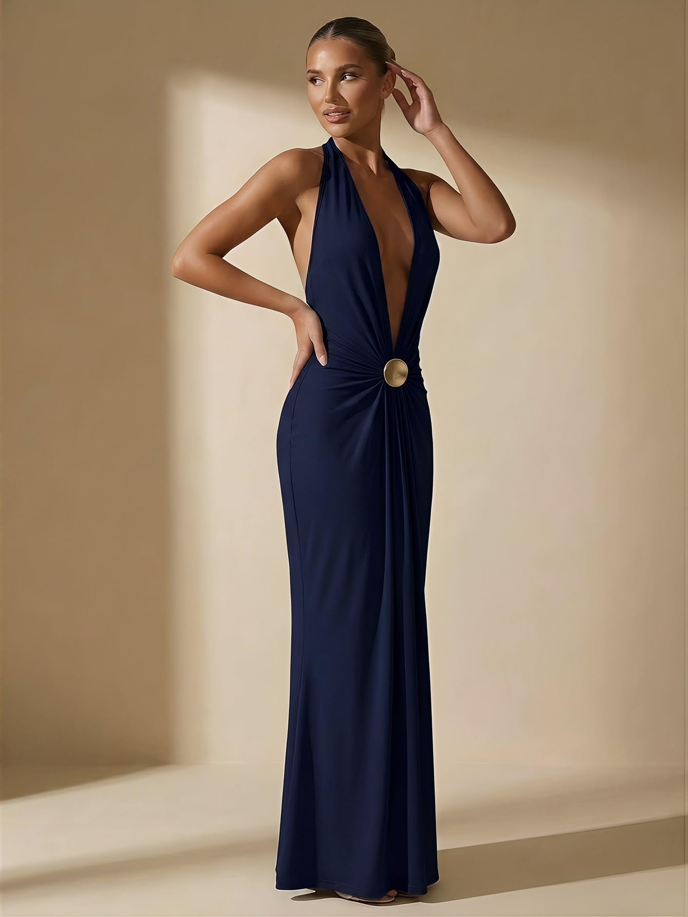 OYOANGLE Women's Halter Maxi Dress Deep V Neck Sexy Wedding Guest Dresses | Cocktail Dress, Formal Dresses, Beach Dress, Vacation Dress, Date Night Long Dress, Backless