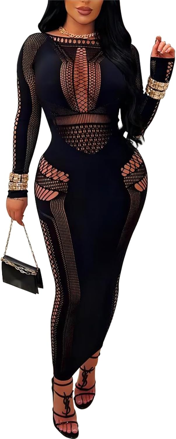 Womens Mesh Bodycon Midi Dress | Stretchy Cutout,Long Sleeve See Through, Suitable For Nightclub, Cocktail Party And Evening Events