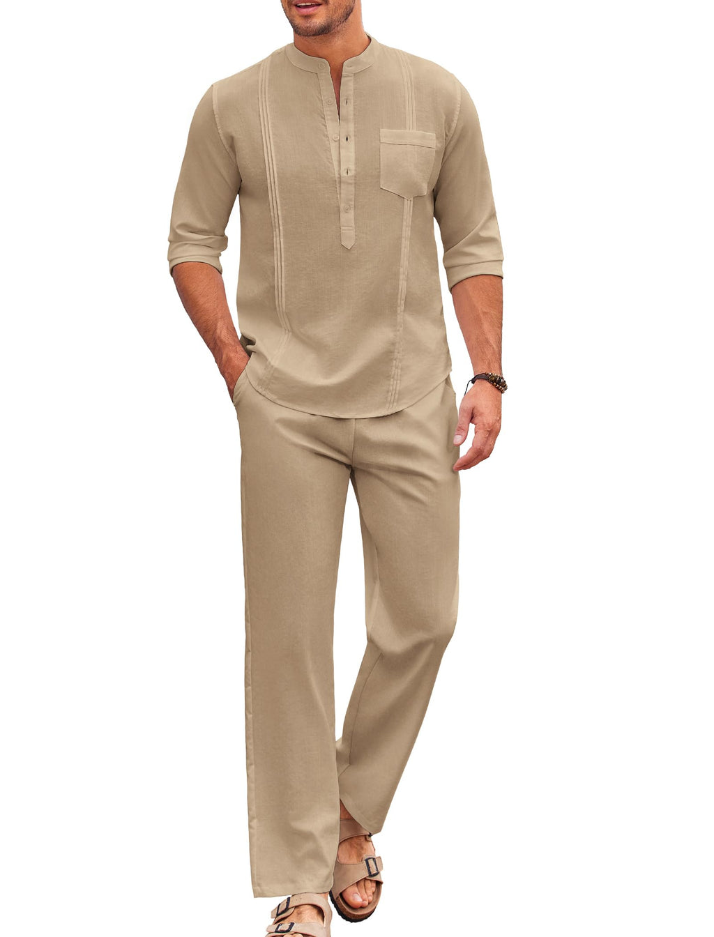 COOFANDY Men's 2 Piece Cotton Sets Casual Long Sleeve Cuban Henley Shirt and Loose Pants Set Beach Vacation Outfits