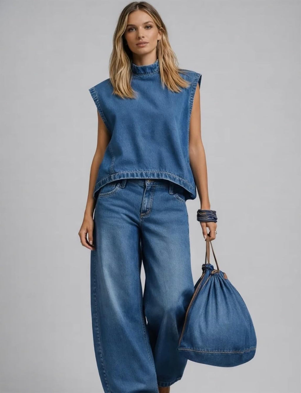 VOIKERDR Women's Denim Set Sleeveless Top and Wide Leg Jeans Vintage Sexy Y2k Outfits Streetwear