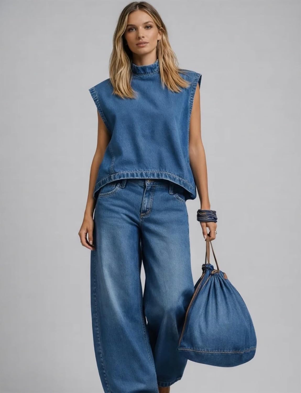 VOIKERDR Women's Denim Set Sleeveless Top and Wide Leg Jeans Vintage Sexy Y2k Outfits Streetwear
