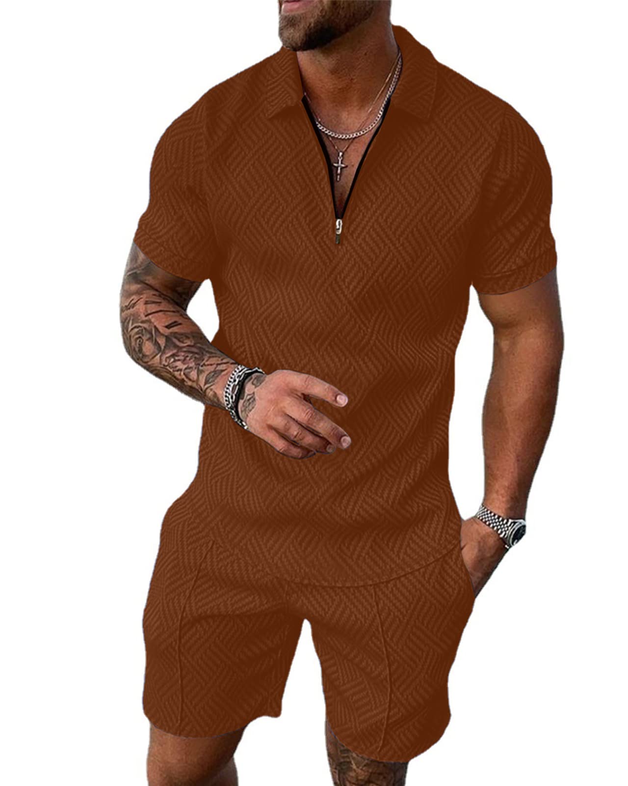 Aulemen Mens 2 Piece Zip Tracksuit Short Sleeve Set Summer Outfits for Men | Polo Shirt and Shorts Sets Activewear Short Set