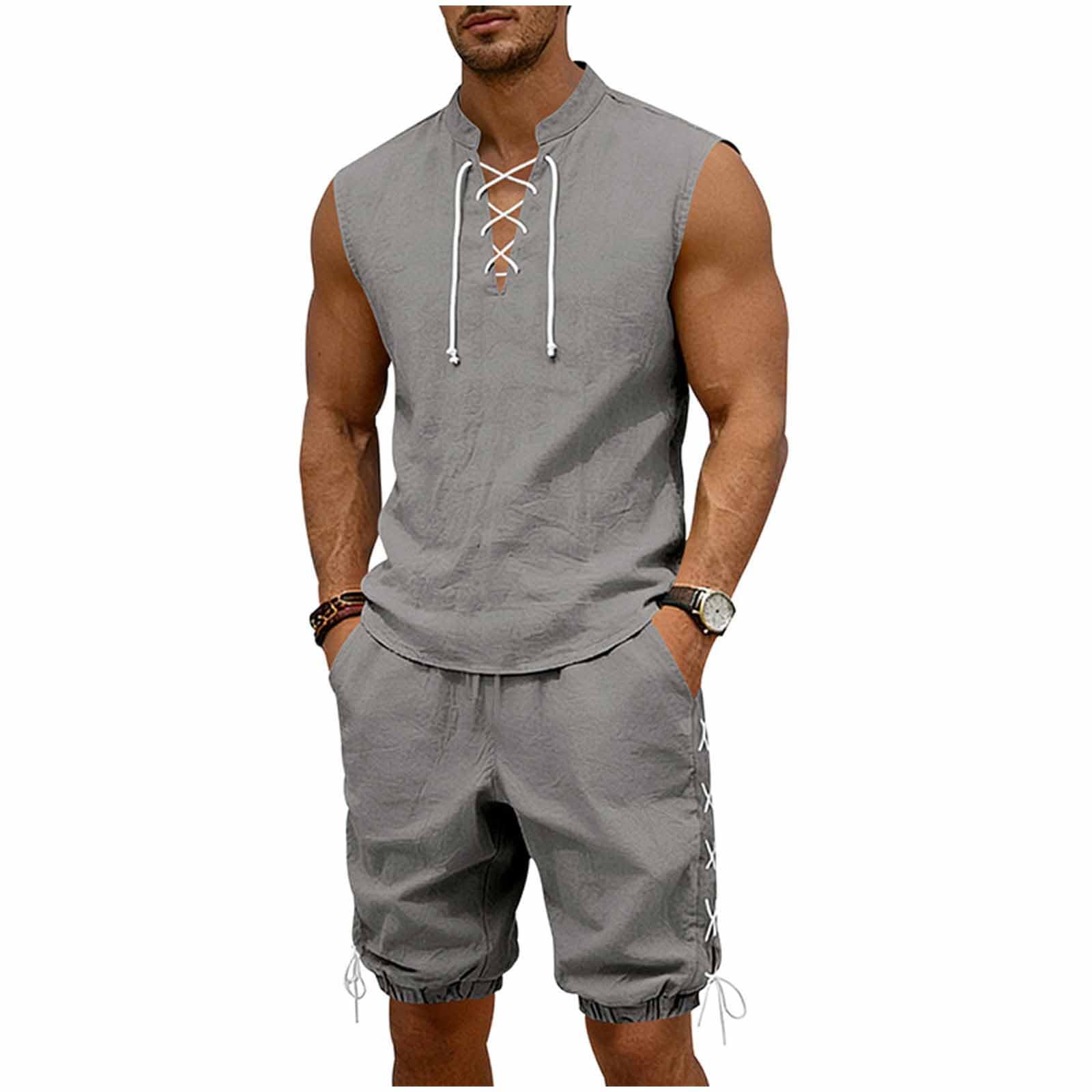 Cambkatl 2 Piece Outfits for Men Lightweight Linen Shorts Set Laceup V Neck Sleeveless Tank Top Matching Sets with Pockets