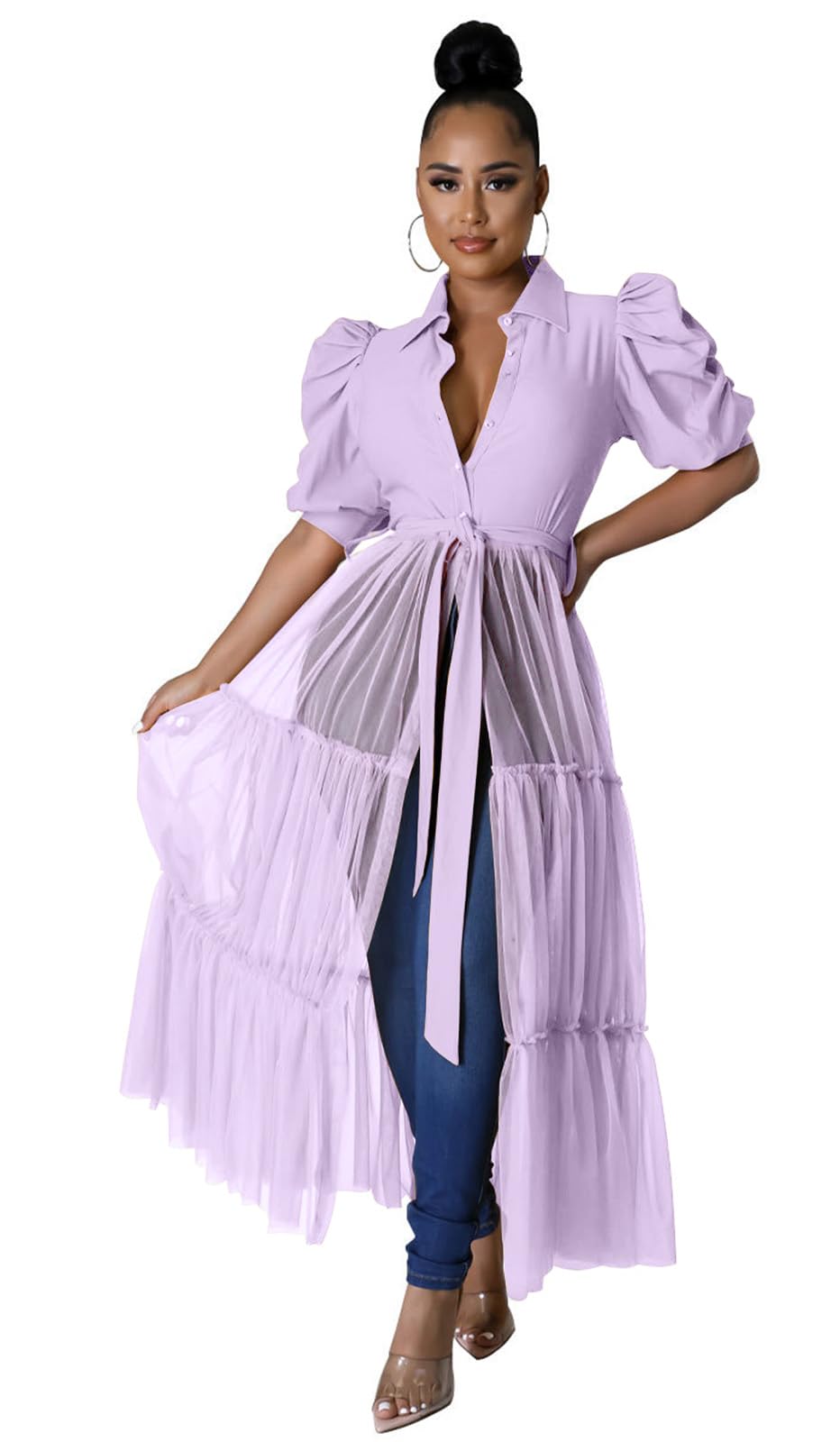 Ekaliy Women's Ruffle Blouse Shirt Asymmetrical Tunic Dress with Belt | Short sleeve,Bodycon,Ruffle,Club ,Party outfits,Asymmetrical Irregular Hem,Tops Blouse Shirt Dress