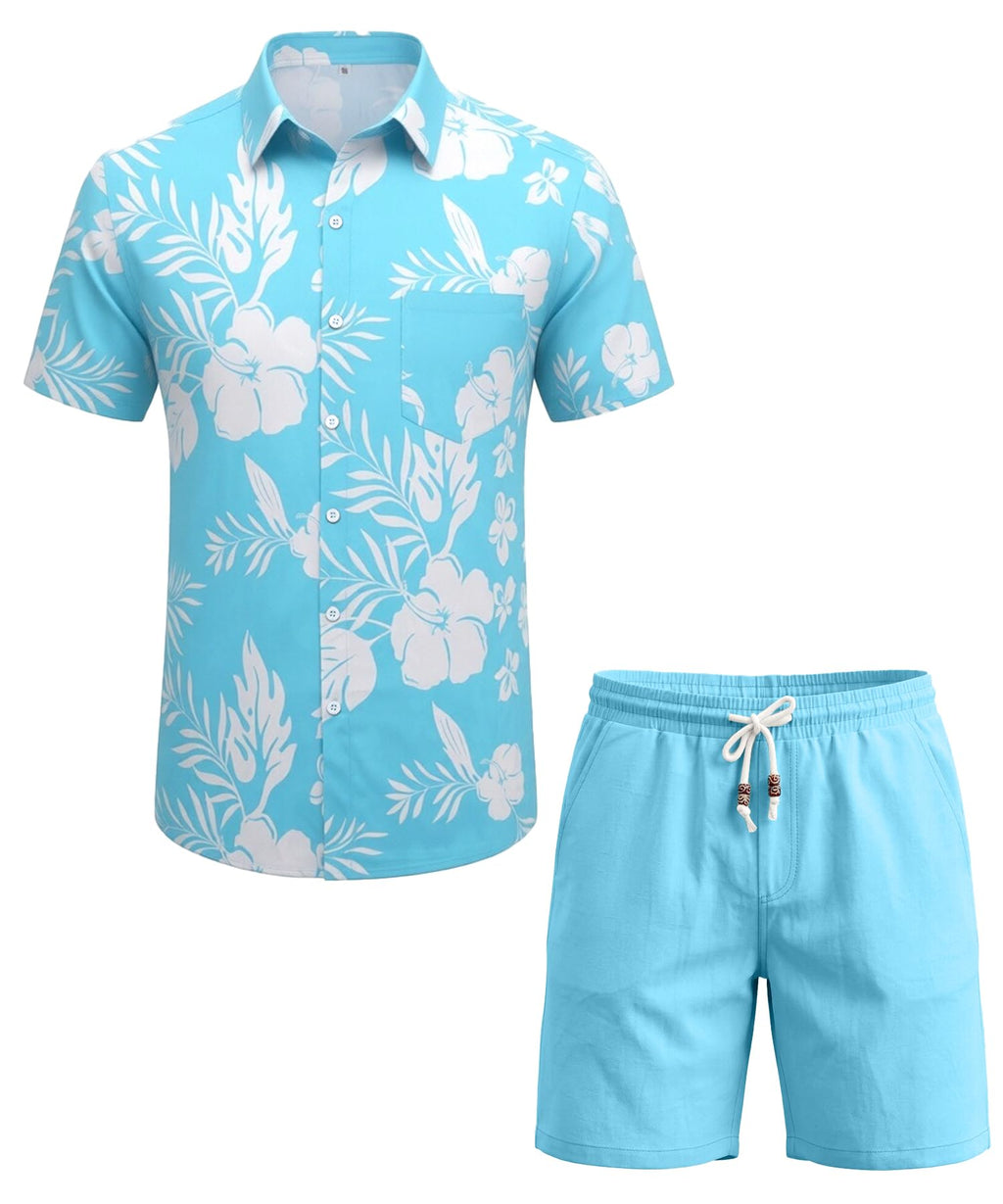 JEMLDL Men's Hawaiian 2 Piece Outfits Floral Button Down Shirts & Linen Shorts Sets Summer Beach Travel Clothes