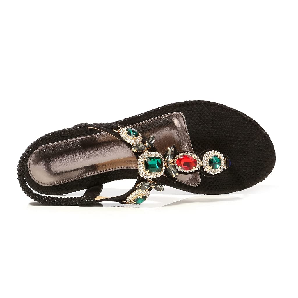 MIOKE Women's Bohemia Bling Jeweled Flat Sandals T-strap Clip Toe Cutout Slingback Summer Beach Flipflops