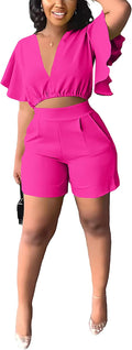 Womens Summer Two Piece Shorts Outfit Sexy Crop Top Butterfly Sleeve 2 pc Short Set Vacation Brunch Matching Set