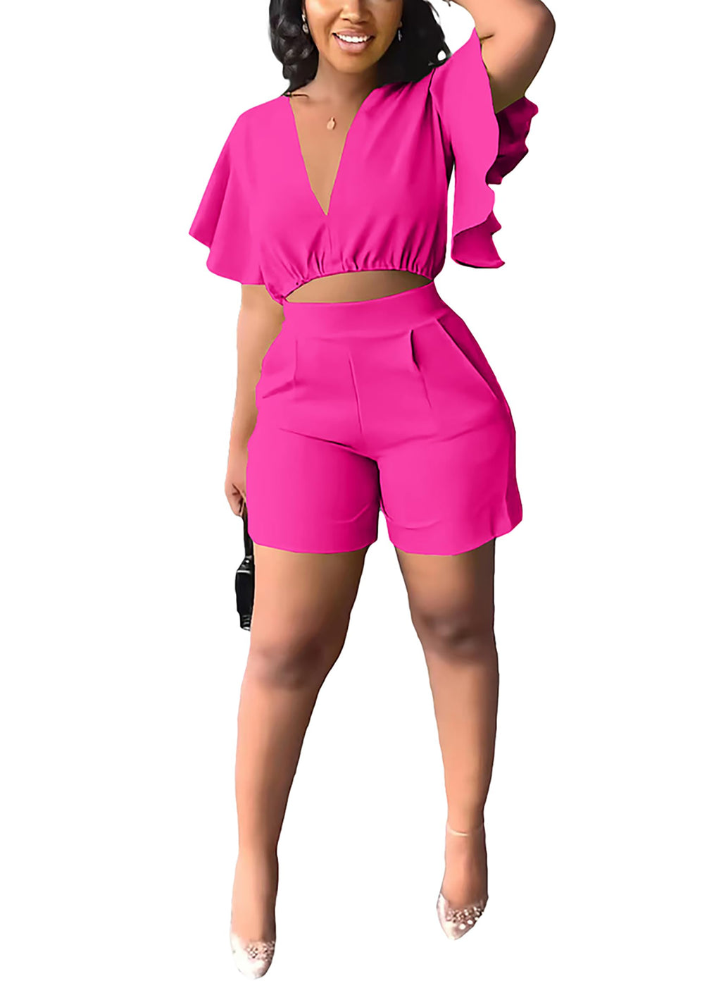 Womens Summer Two Piece Shorts Outfit Sexy Crop Top Butterfly Sleeve 2 pc Short Set Vacation Brunch Matching Set