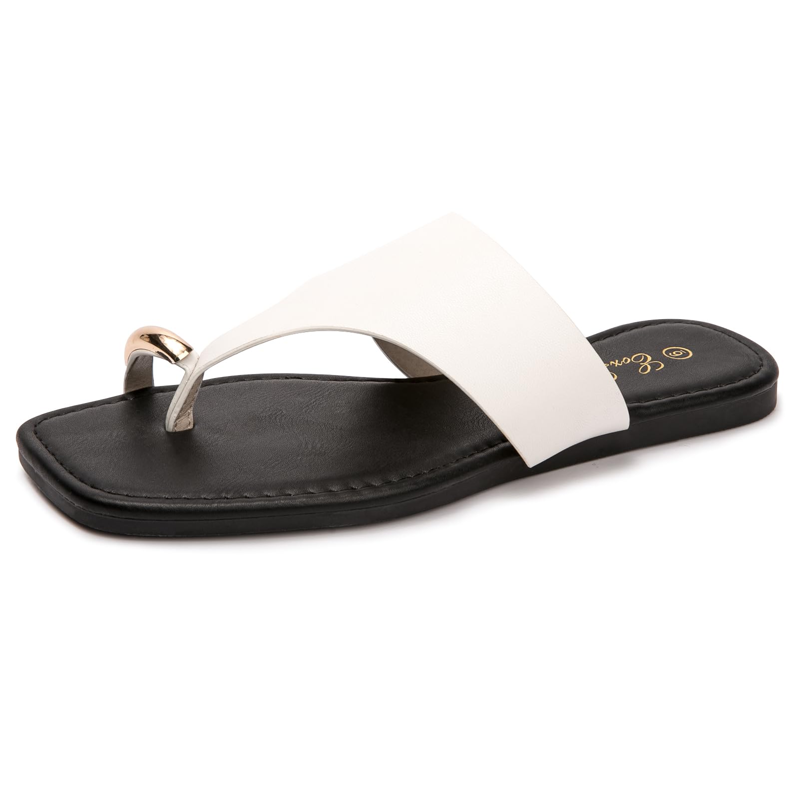 Eozlink Women's Toe Ring Flat Sandals, Slip On Dressy Summer Slides | PU Upper with Square Toe and Metal Accent for Resort and Casual Outfits