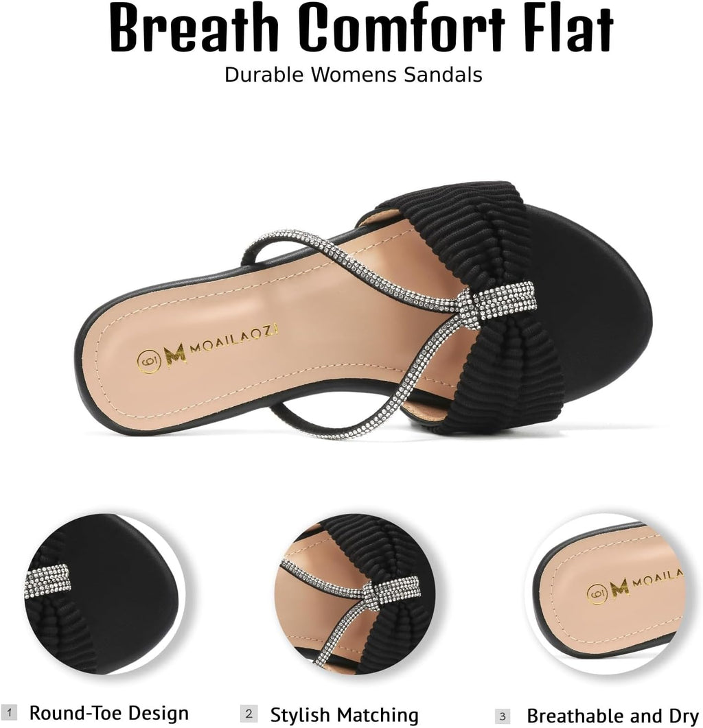 Women's Sandals Rhinestone Strappy Slides With Soft Memory Foam Insole, Dressy Open Toe Beach Slippers Flats for Summer