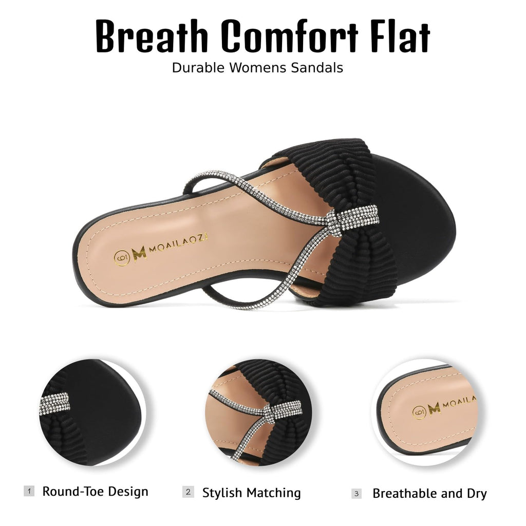 Women's Sandals Rhinestone Strappy Slides With Soft Memory Foam Insole, Dressy Open Toe Beach Slippers Flats for Summer