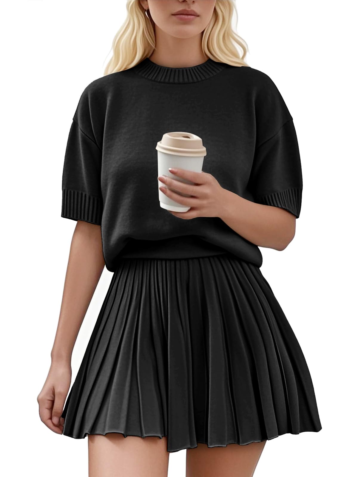 Womens 2 Piece Outfits 2026 Short Sleeve Crewneck Knit Tops And Pleated Mini Skirt Two Piece Sets