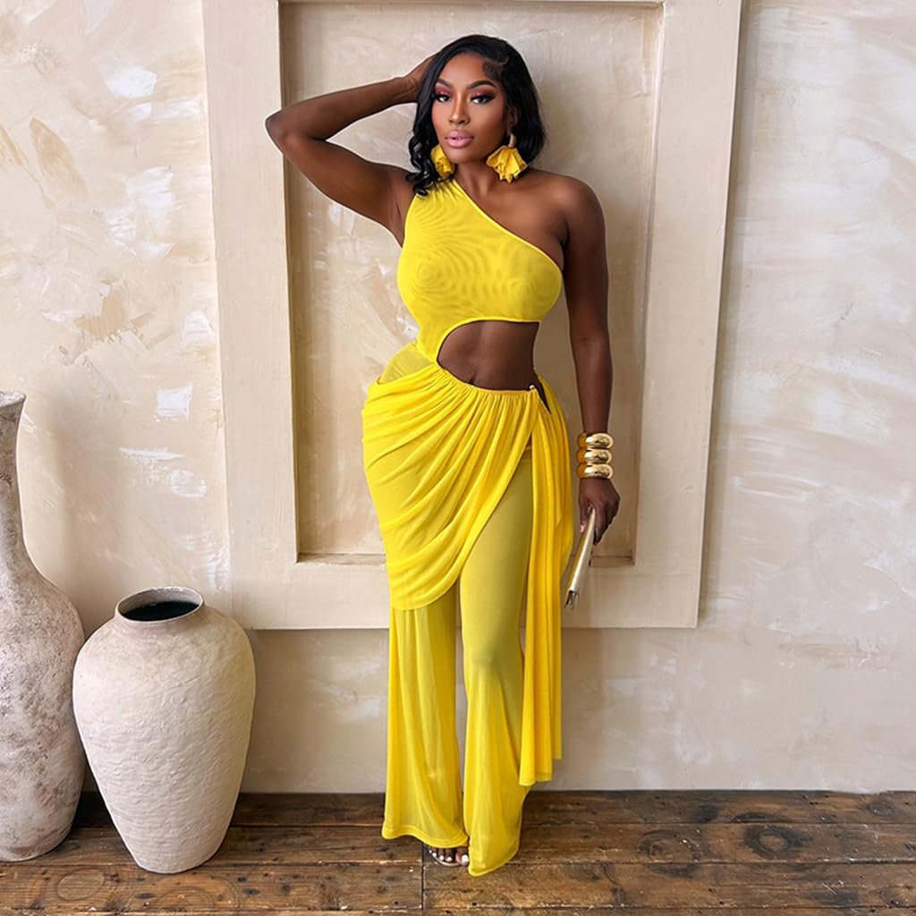 Sexy Jumpsuits for Women Cutout Sheer Mesh One Shoulder Draped Ruched Wrap One Piece Club Outfits for Women
