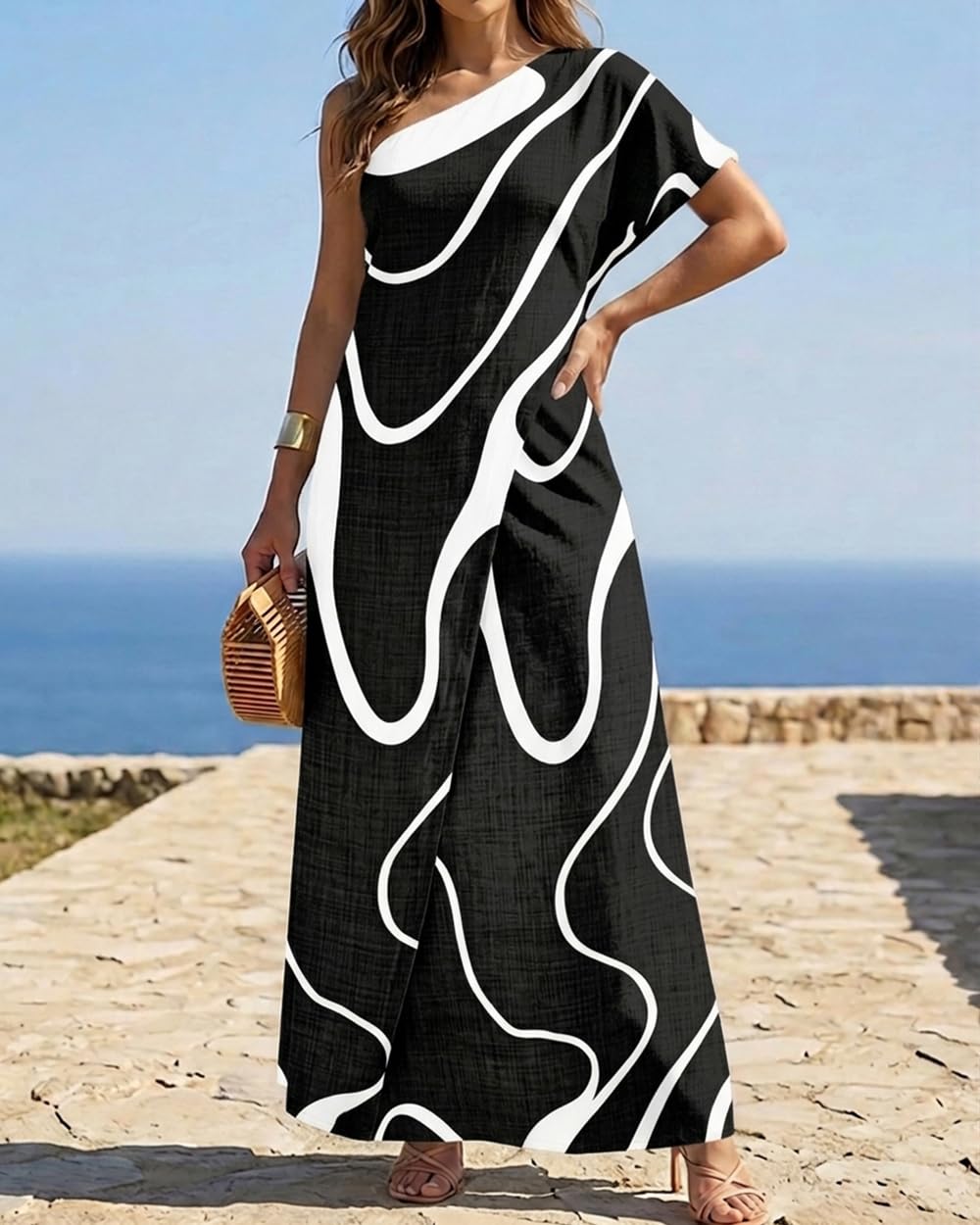 CHICME Maxi Dresses for Women Abstract Print Summer Dress | Womens Summer Dresses, One Shoulder Boho Dress with Pockets, Faux 2 Piece Casual Dresses, Vacation, Beach Dress Wedding Guest