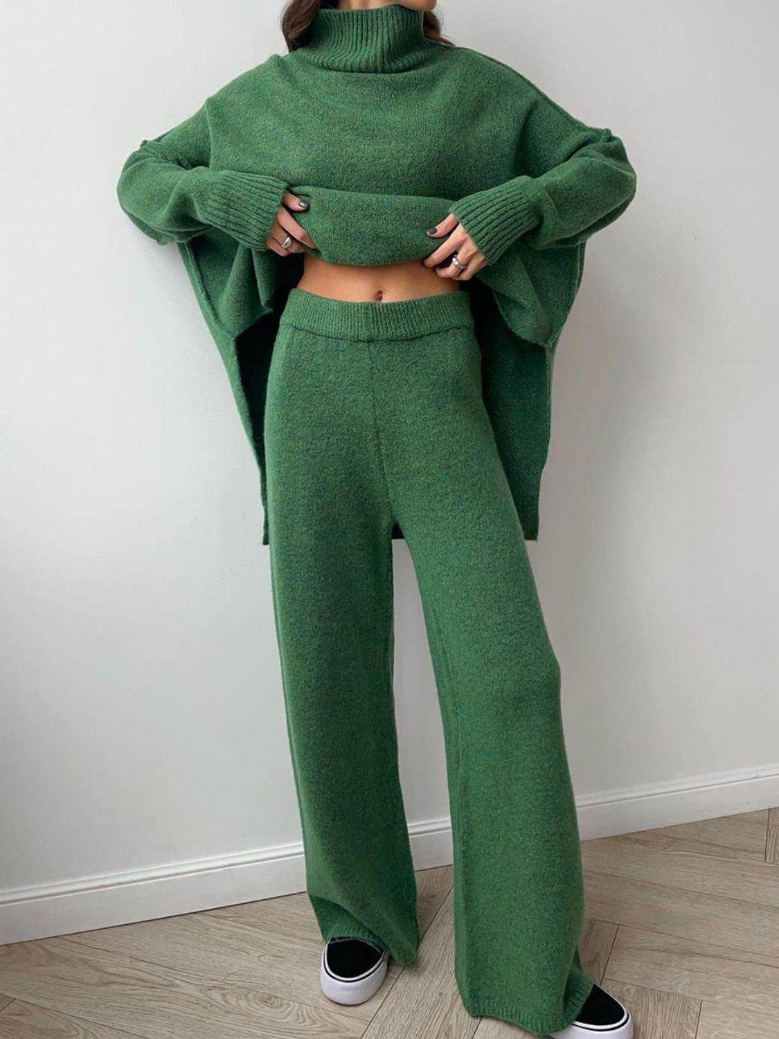 Slit Turtleneck Long Sleeve Top and Pants Sweater Set Outfit