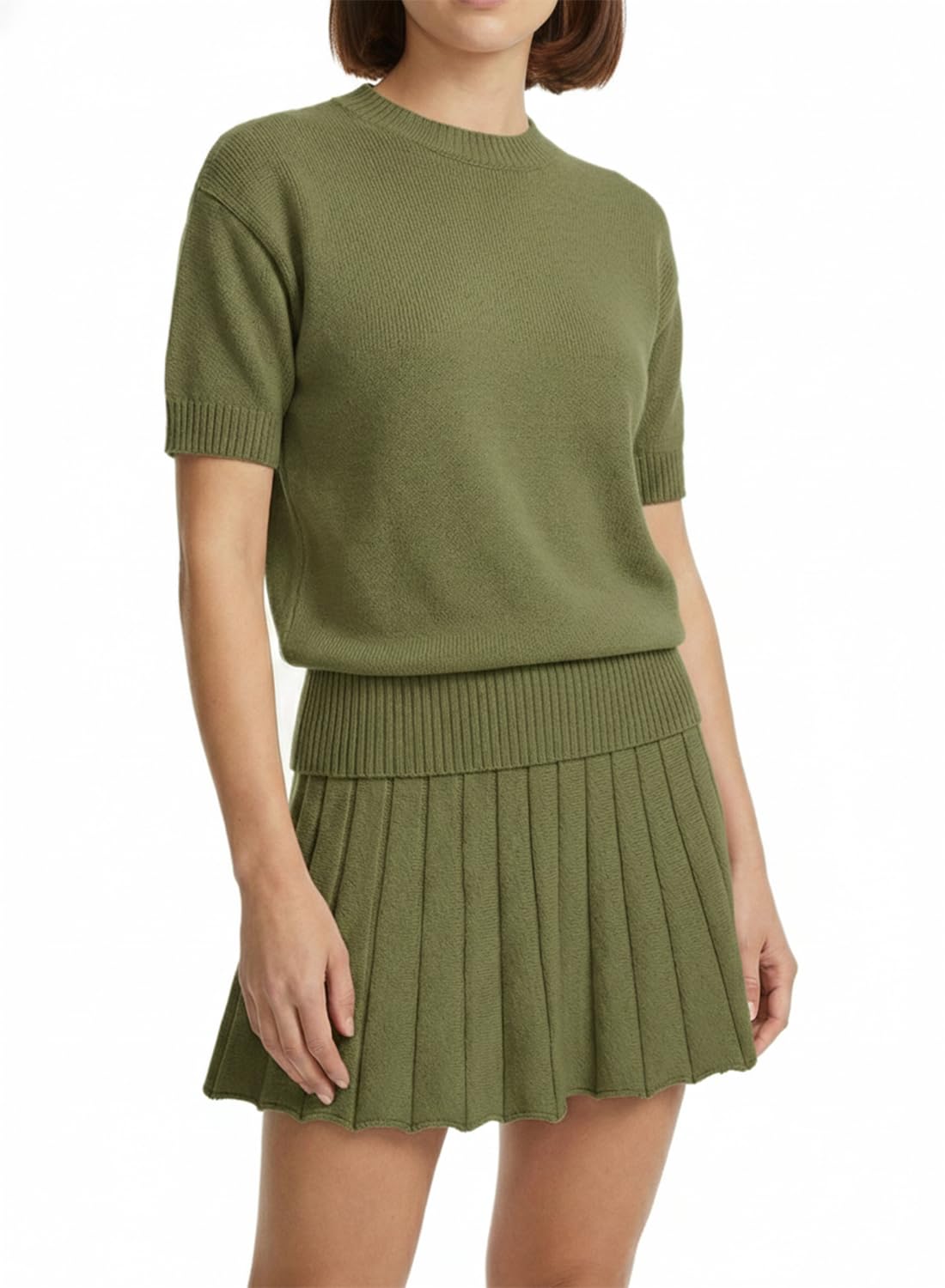 Womens 2 Piece Outfits 2026 Short Sleeve Crewneck Knit Tops And Pleated Mini Skirt Two Piece Sets