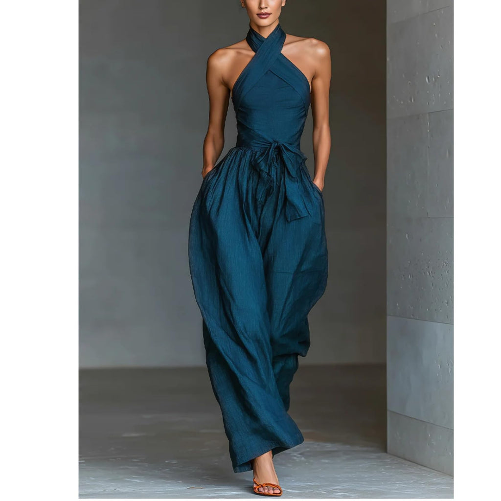 Backless Rompers for Women Casual Ink Printed Sleeveless High Waist Wide Leg Jumpsuit Sexy Halter Boho Vacation Party Outfits
