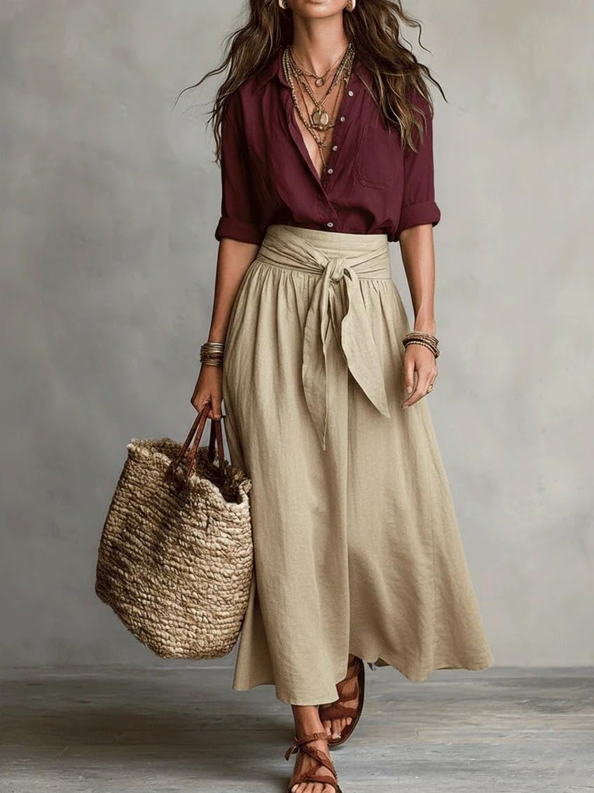 Women Boho Contrast 2 Piece Outfit, Long Sleeve Button Down Shirt & Tie Waist Flowy Midi Skirt Casual Vacation Set