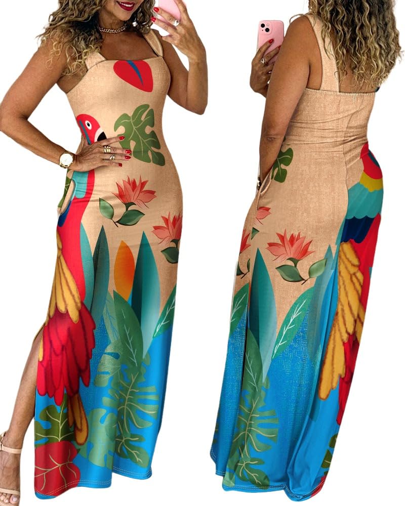 CHICME Maxi Dresses for Women Strap Square Boho Dress | Thick Strap Sundresses for Women, Split Summer Dress with Pockets, Travel, Vacation, Beach Dress Cruise 2026
