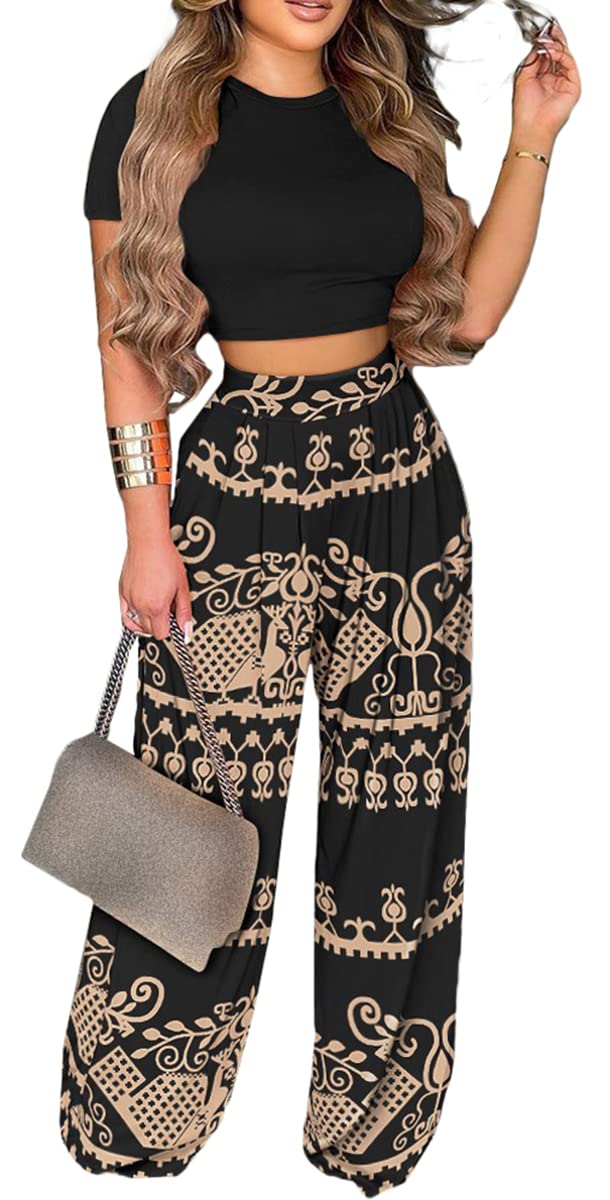 2 Piece Outfits for Women Short Sleeve Crop Top High Waist Wide Leg Long Pant Sets Tracksuit Sport Set