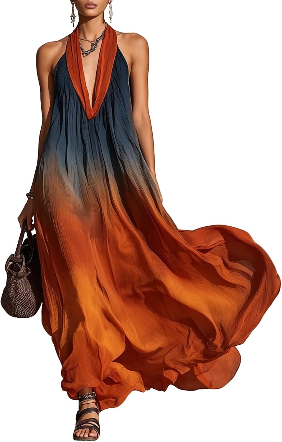 Women's Halter Neck Maxi Dress Sleeveless Deep V-Neck Chiffon Dress Beach Wedding Guest Summer Evening Party