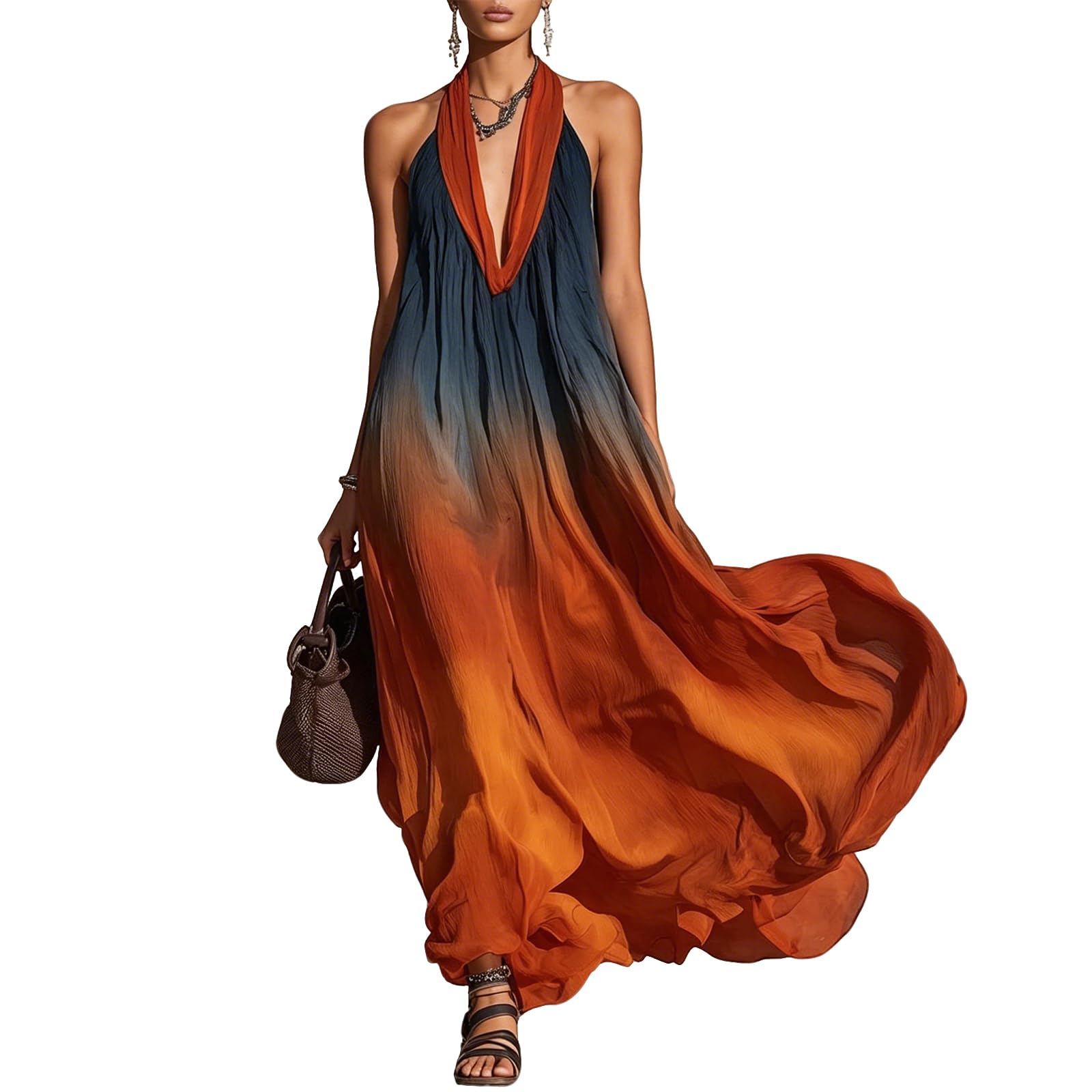 Women's Halter Neck Maxi Dress Sleeveless Deep V-Neck Chiffon Dress Beach Wedding Guest Summer Evening Party