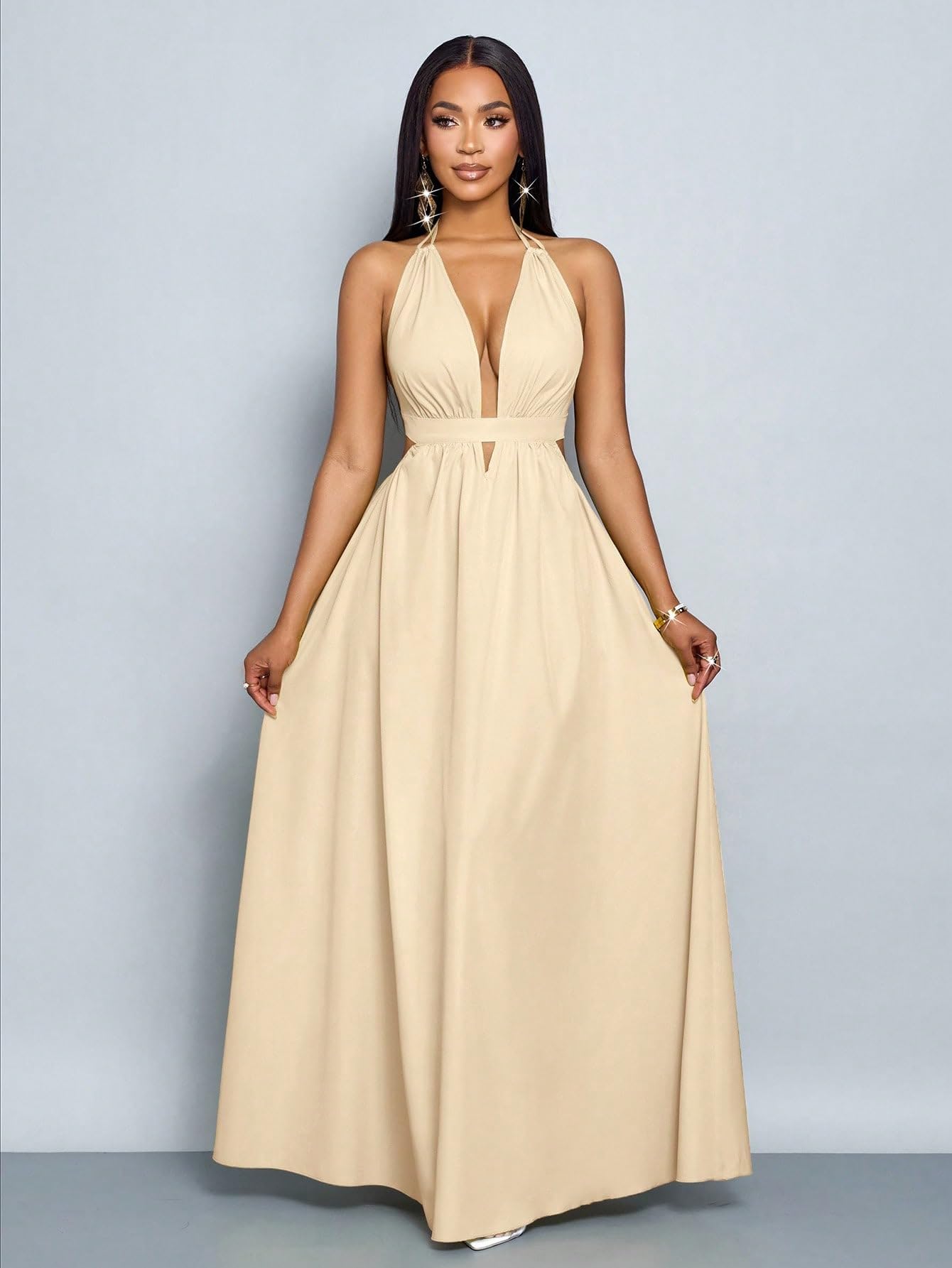 SKAYS Women's Summer Backless Tie-Waist Dress Solid Color Sexy V-Neck Beach Vacation Maxi Dress Formal Party Dress