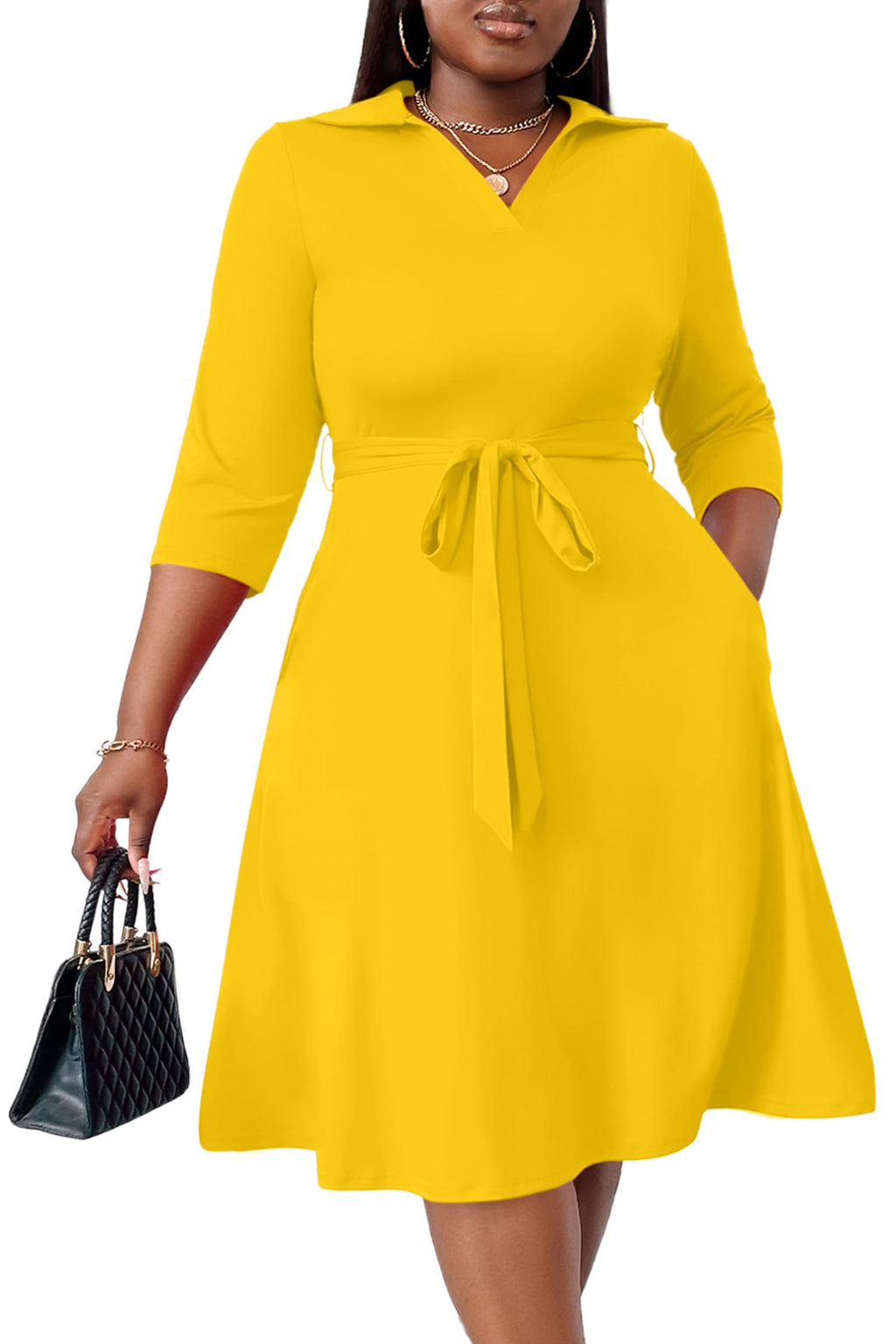 FANDEE Plus Size Midi Dress for Women Casual - Fit and Flare Summer Dresses | Semi Formal,African Print,Polo Collar Cocktail Dress,With Pockets And Belt
