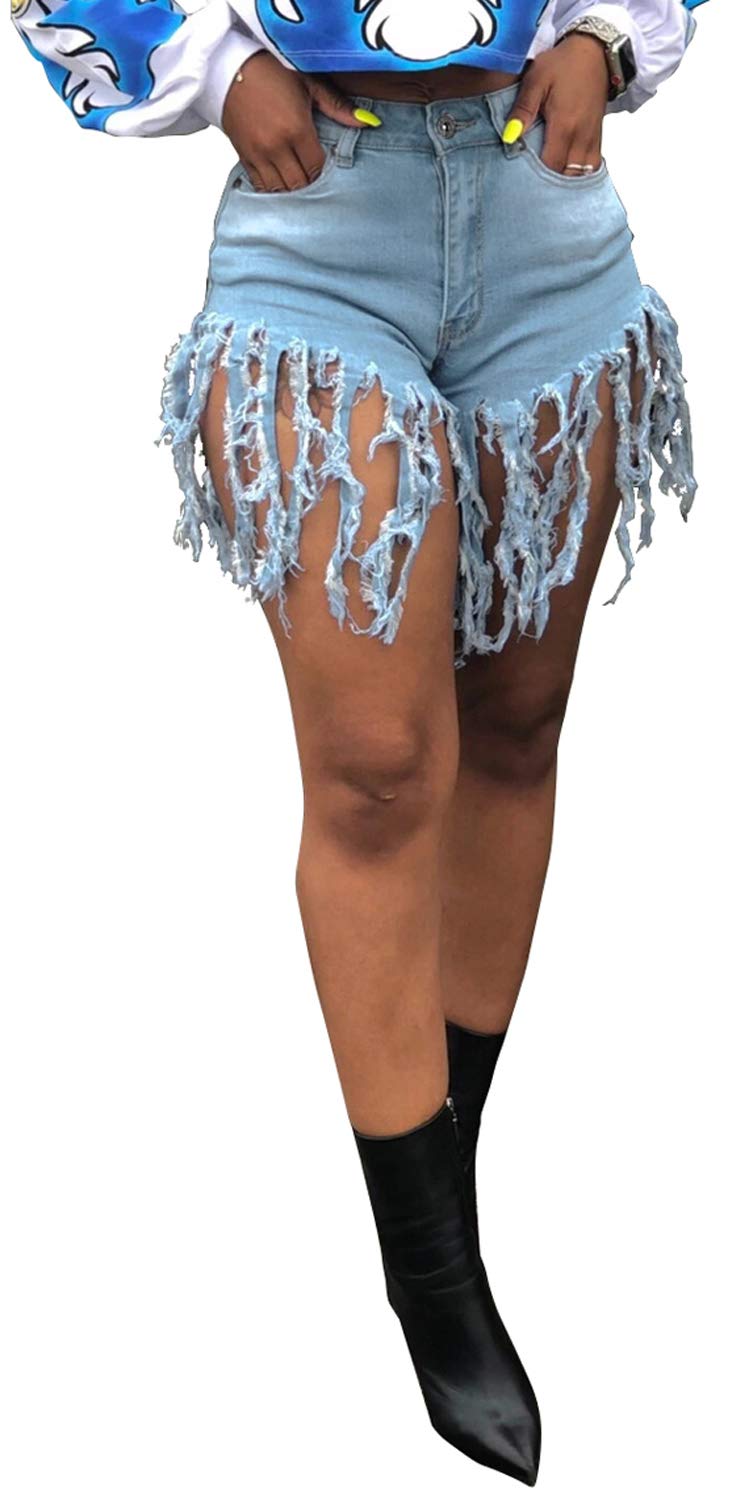 Women's Denim Shorts High Waisted Frayed Raw Hem Ripped Short Jeans | Fringe,Summer,Stretchy,with Pockets