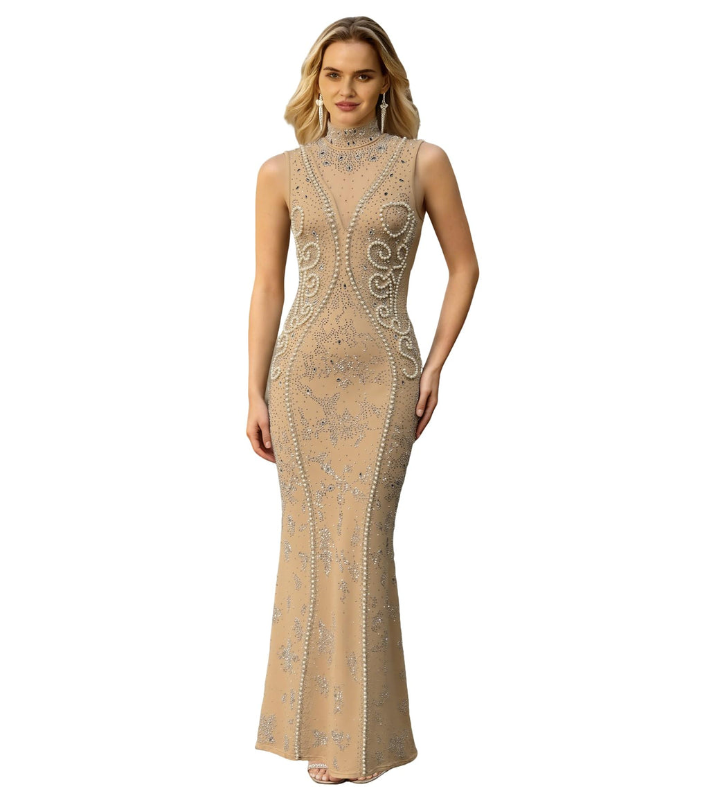 PORRCEY Women's Sexy Elegant Rhinestone Bodycon Dress Hot Drilling Clubwear