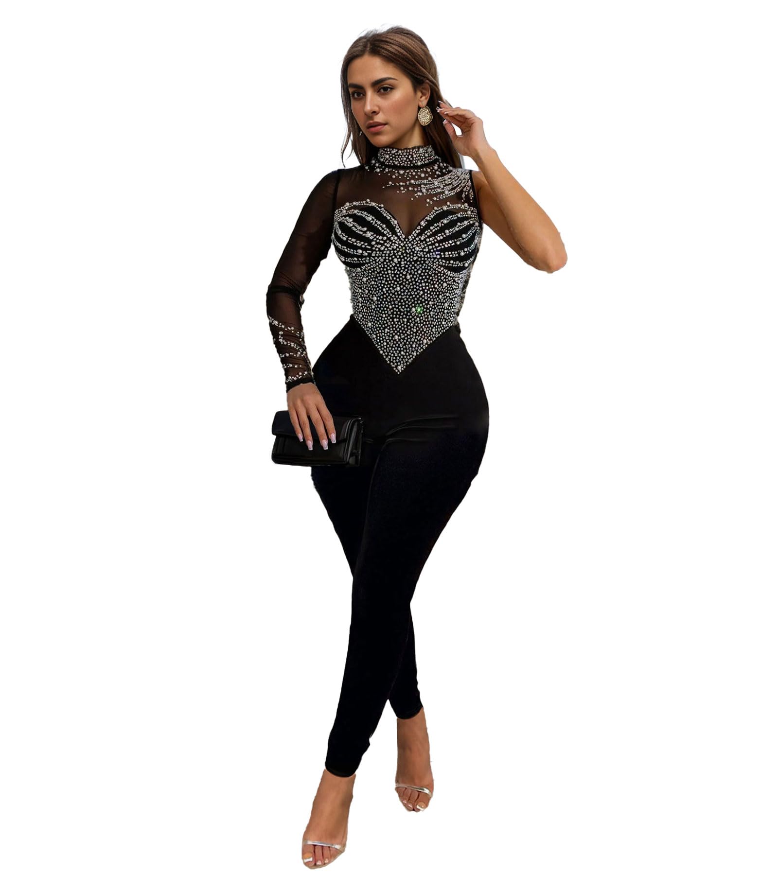 PORRCEY Sexy Rhinestone Jumpsuit for Women Mesh See Through Romper Clubwear