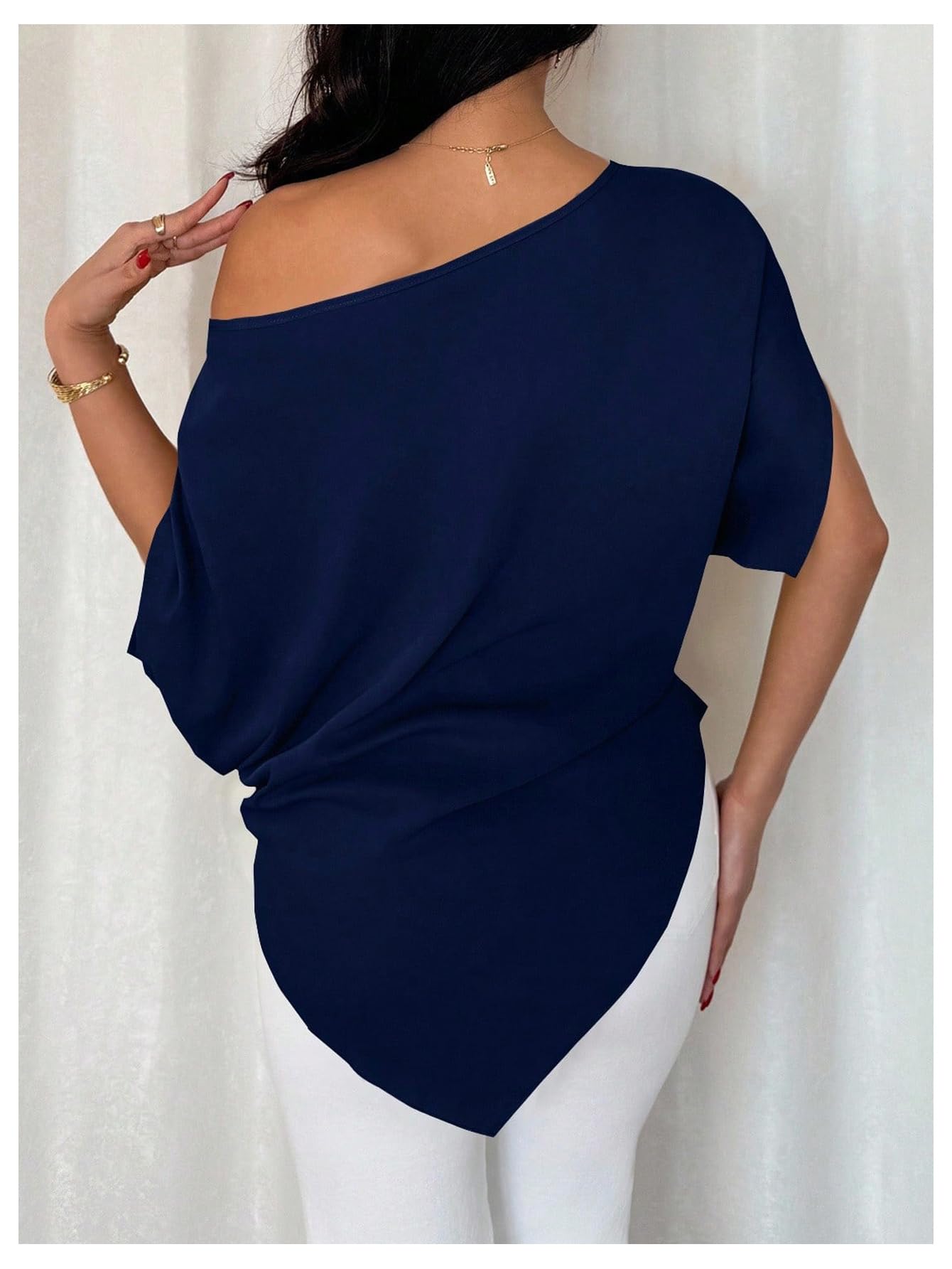 SHENHE Women's Off Shoulder Dolman Sleeve Blouses Asymmetrical Flowy Tops | Casual, Loose, Blouses With Waist Pleats, Asymmetrical, Elegant