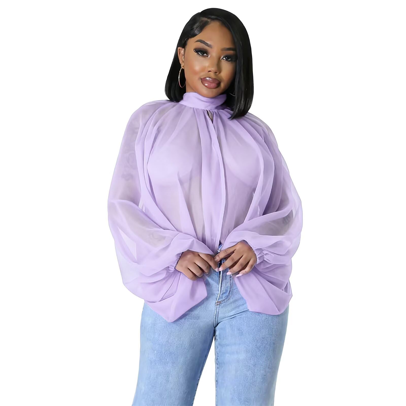 acelyn Women's Sexy See Through Chiffon Sheer Blouses Tops | Lantern Sleeve, Front Back Open, High Neck, Self Tie, Shawl Casual Shirts,Blouses Tops