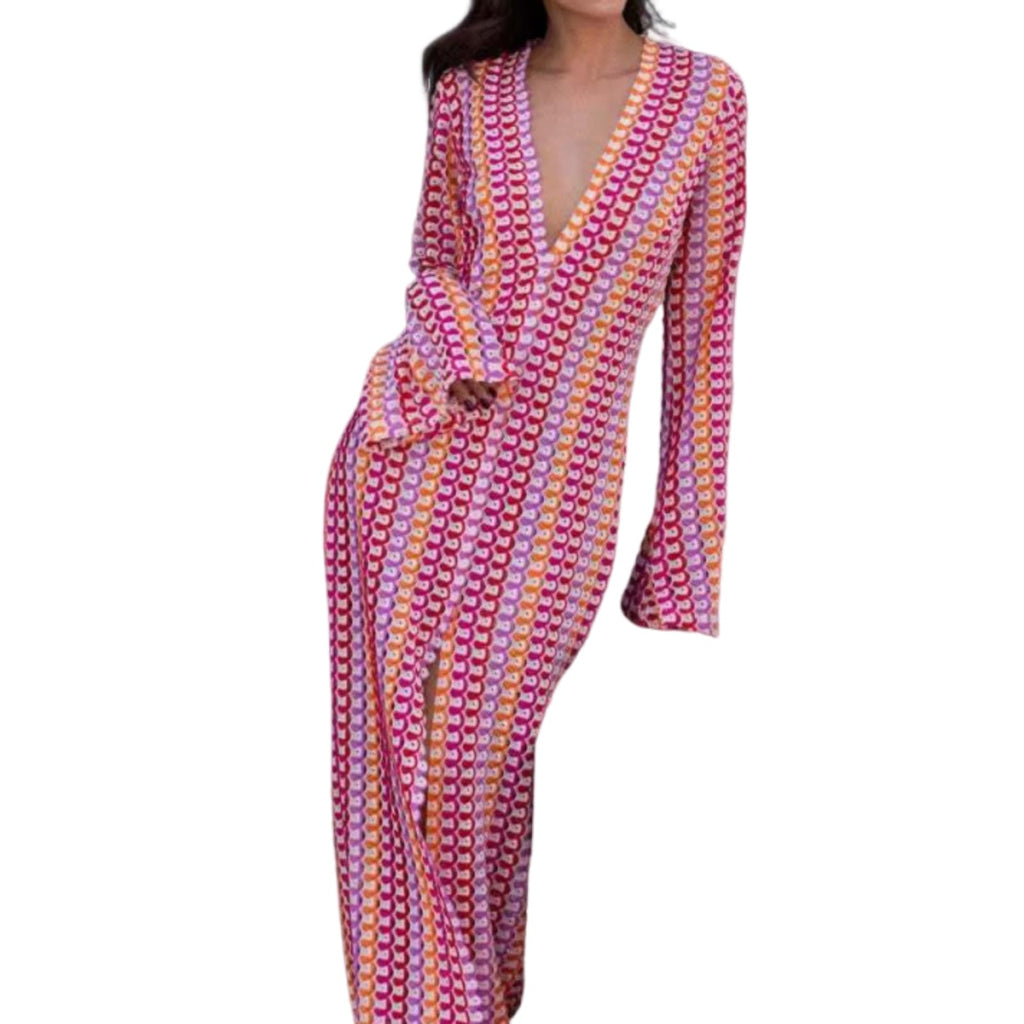 Womens Crochet Colorful Bell Long Sleeve V Neck Loose Maxi Dress Sexy Boho Eyelet Long Sundresses with Slit