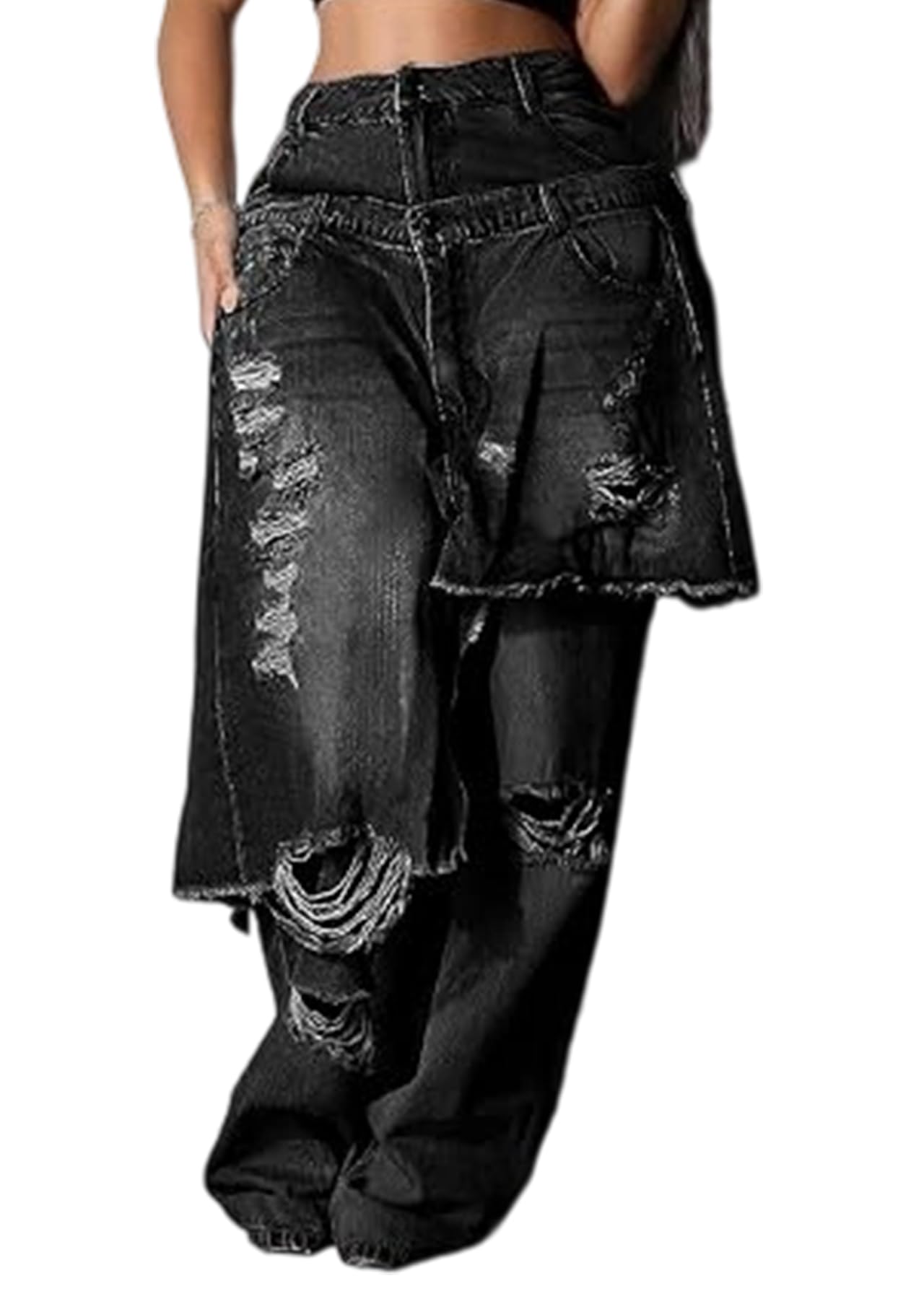 LKOUS Women's Ripped Baggy Jeans High Waist Wide Leg Patchwork Streetwear | Distressed, cutout, Y2K, hip hop, stretchy, soft, pocket, casual, concert, vintage. Machine wash