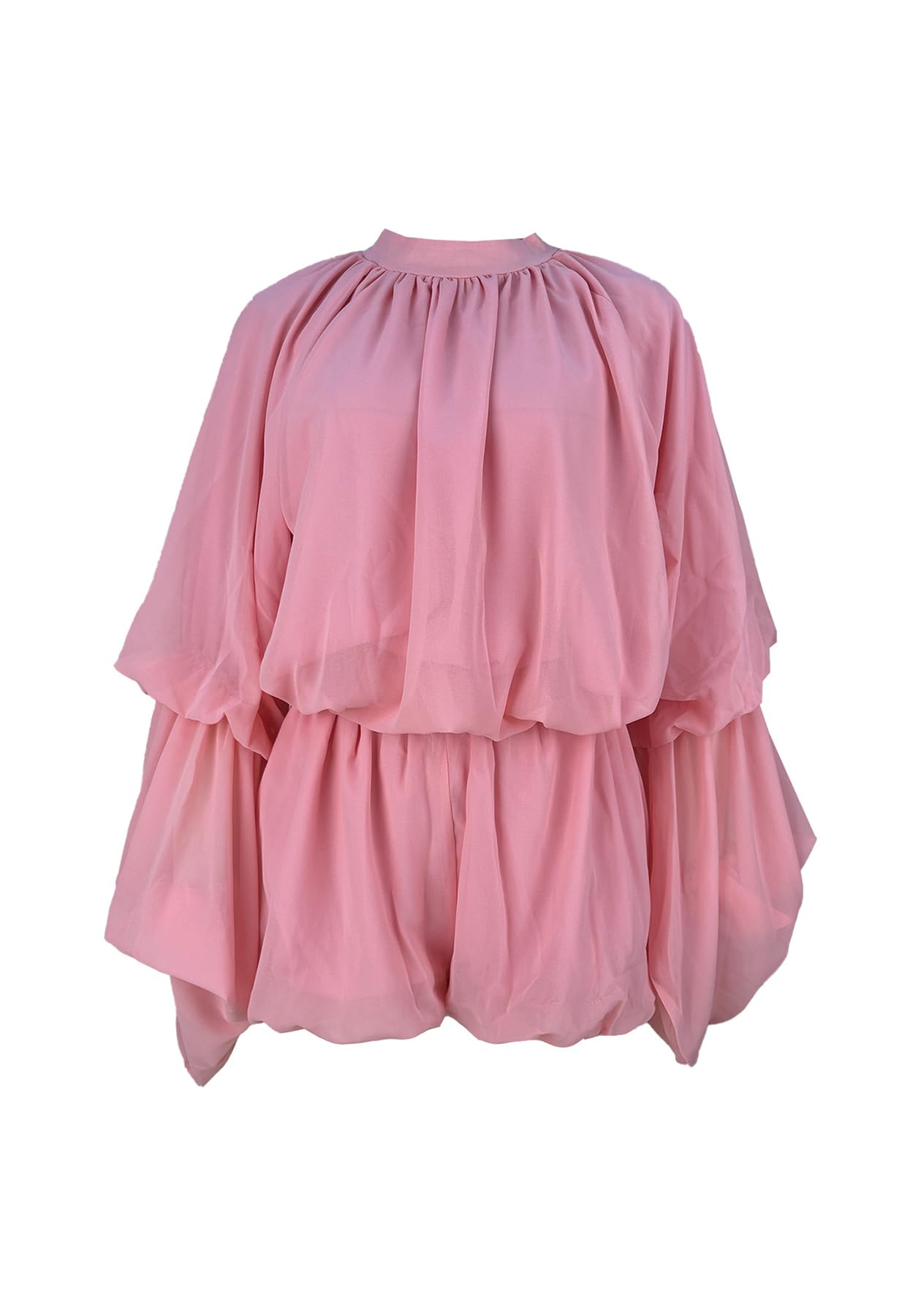 LETSVDO Shorts Sets Women 2 Piece Outfits Mock Neck Bell Sleeve Chiffon Top Blouse Pleated Ruffle Bubble Short Set Romper