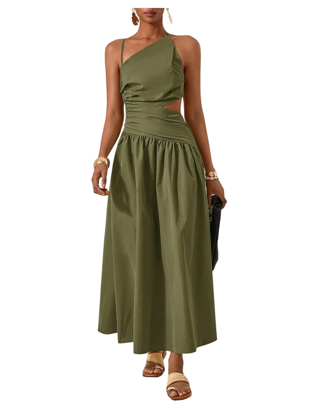 Milumia Women's Cut Out Asymmetrical Maxi Dress Open Back Summer Dresses | Spaghetti Strap, Tie Backless, Ruffle, Summer Vacation, Going Out, Sundress