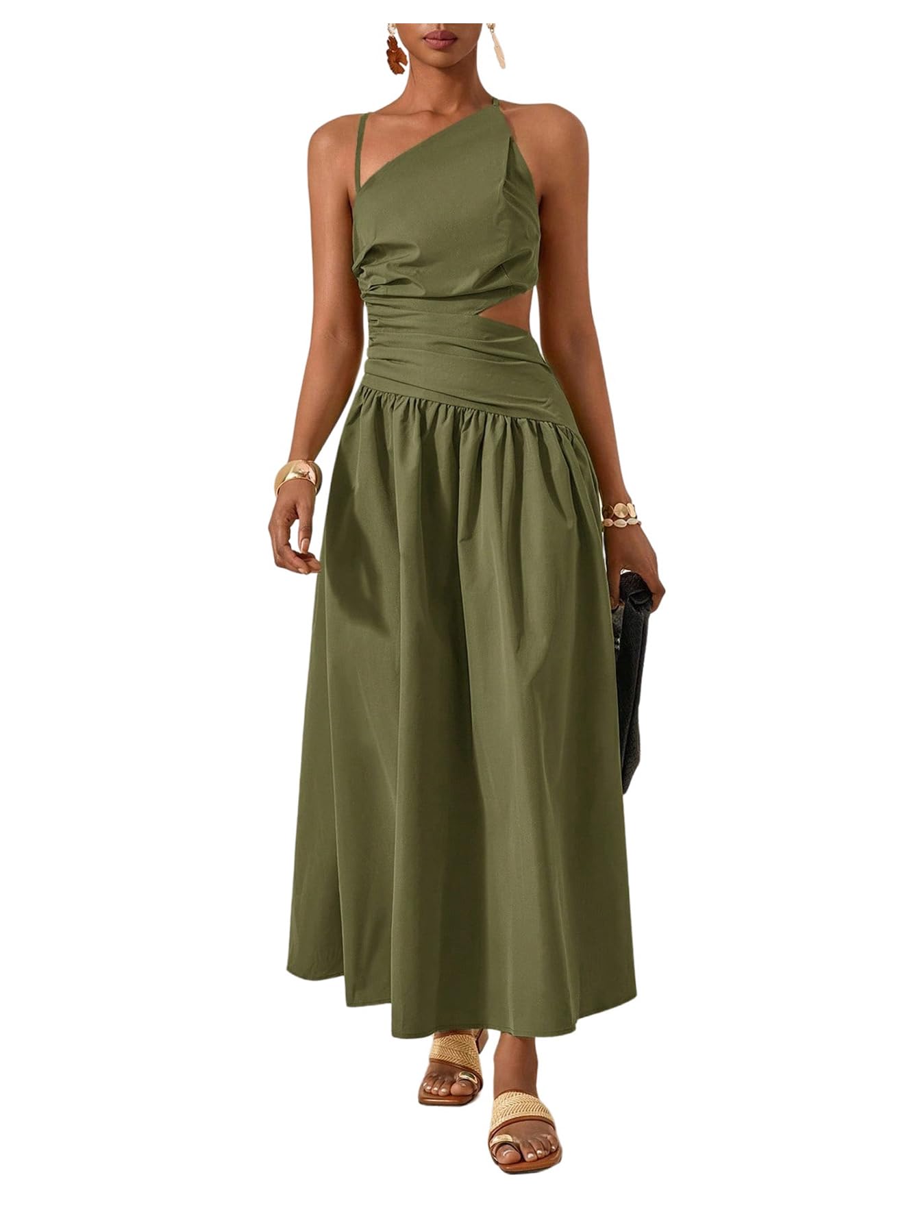 Milumia Women's Cut Out Asymmetrical Maxi Dress Open Back Summer Dresses | Spaghetti Strap, Tie Backless, Ruffle, Summer Vacation, Going Out, Sundress