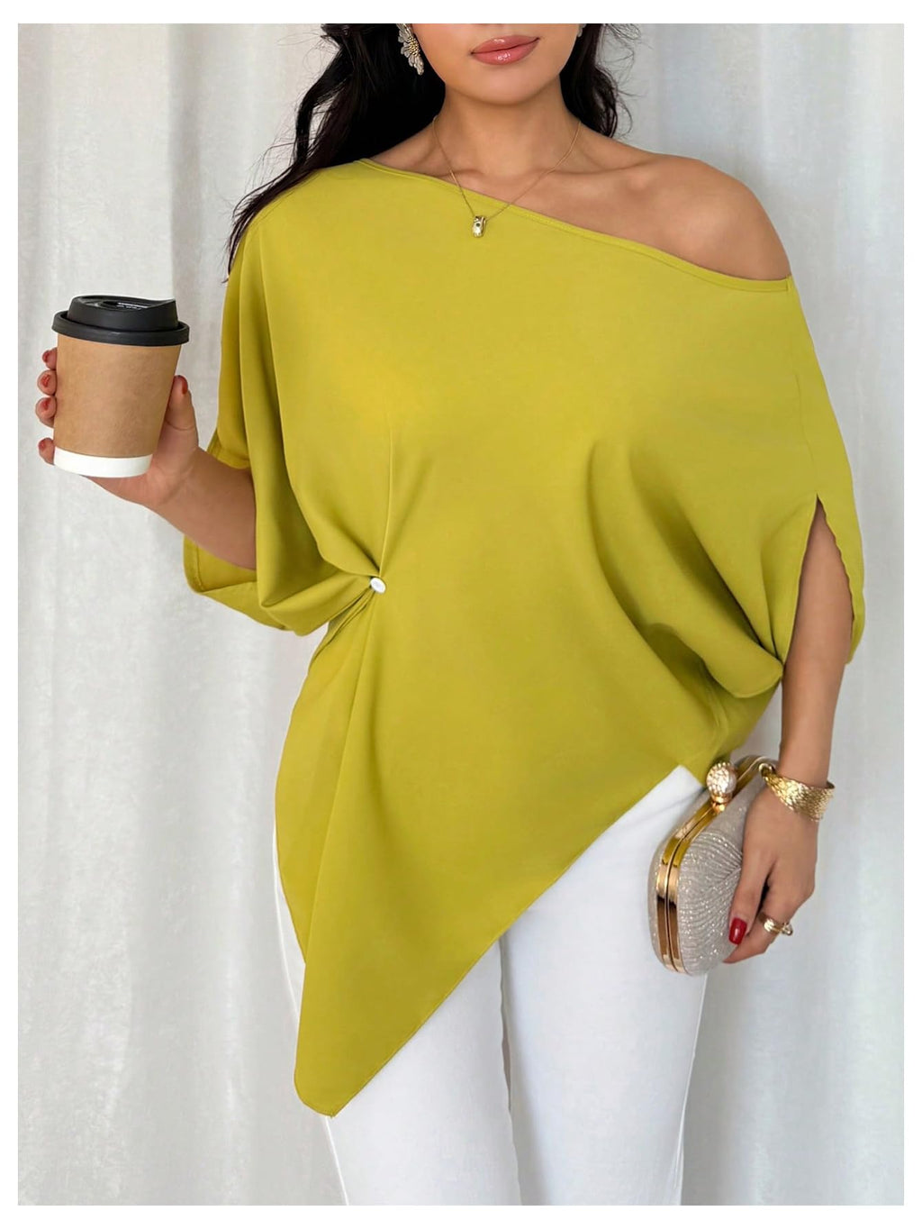 SHENHE Women's Off Shoulder Dolman Sleeve Blouses Asymmetrical Flowy Tops | Casual, Loose, Blouses With Waist Pleats, Asymmetrical, Elegant