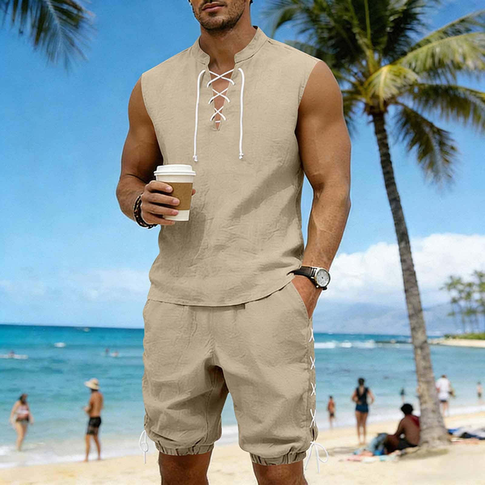 Cambkatl 2 Piece Outfits for Men Lightweight Linen Shorts Set Laceup V Neck Sleeveless Tank Top Matching Sets with Pockets
