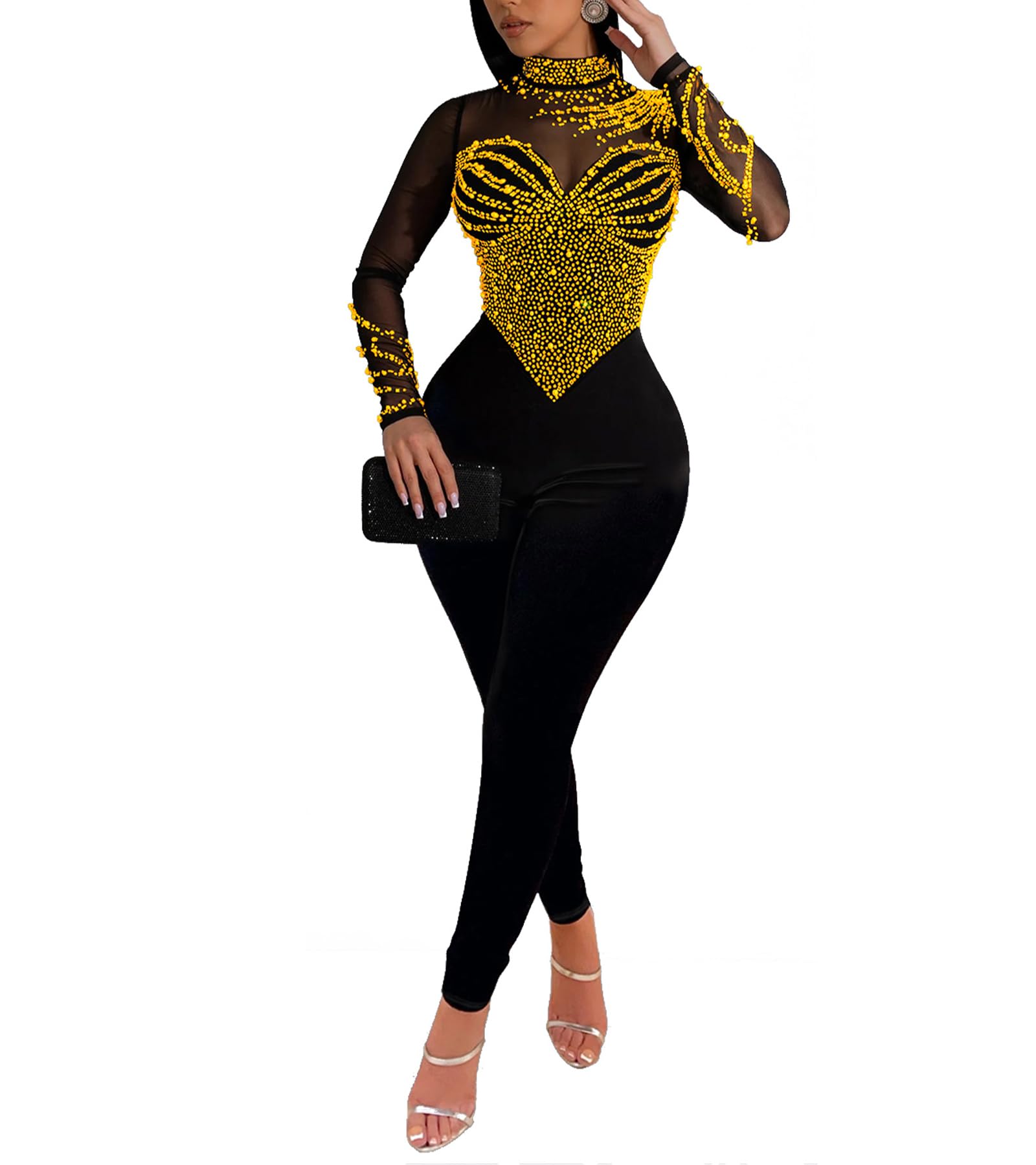 PORRCEY Sexy Rhinestone Jumpsuit for Women Mesh See Through Romper Clubwear